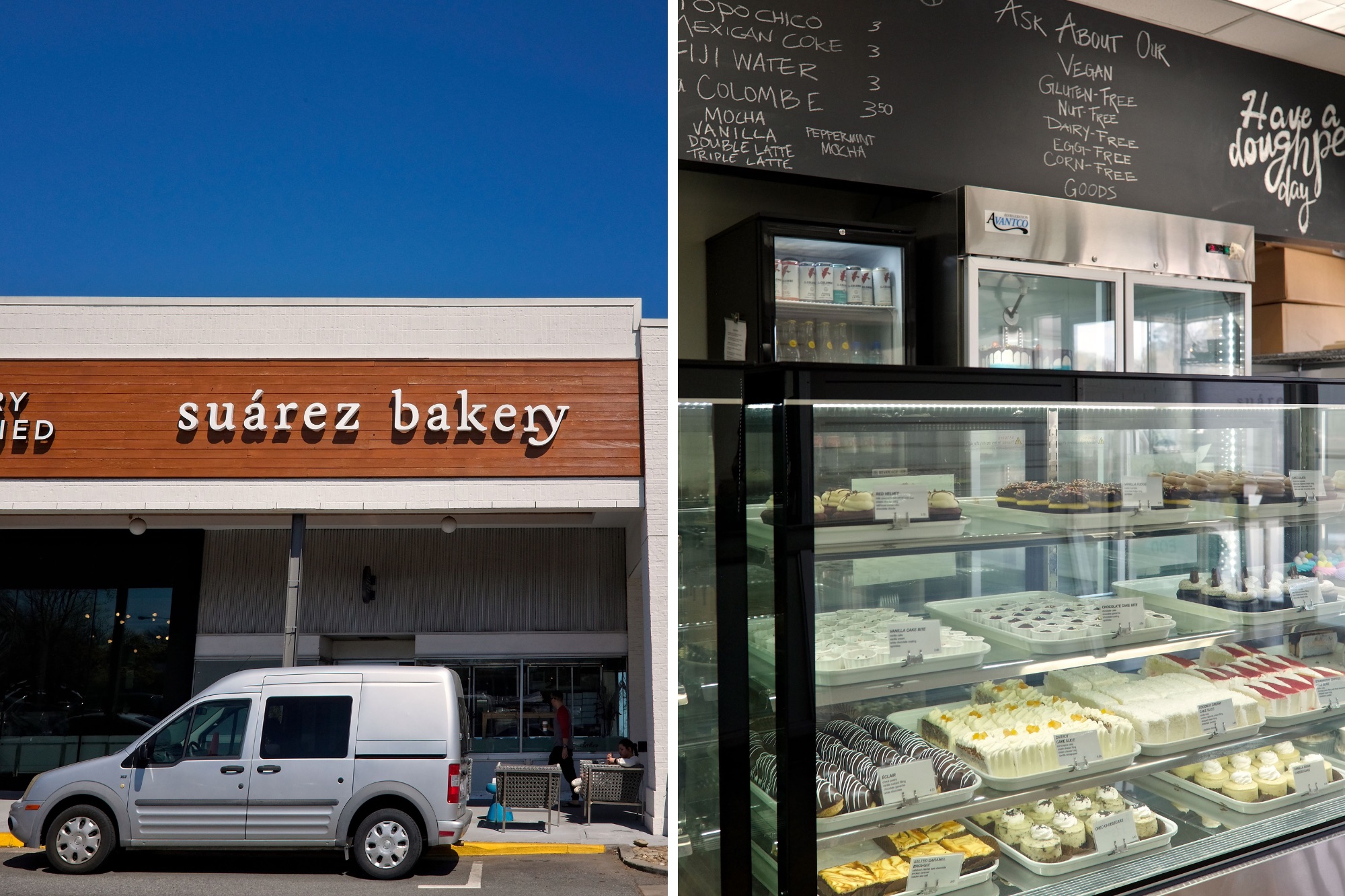 The exterior of Suarez Bakery on Park Road and its pastry case