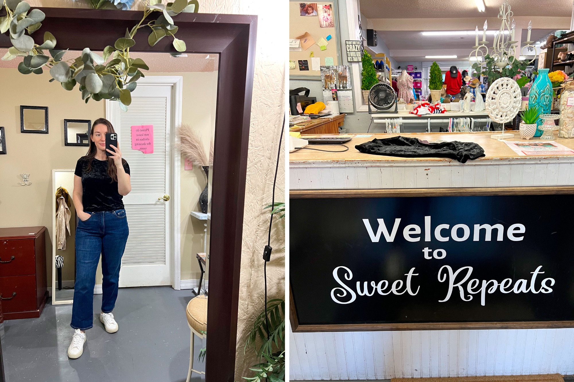 Two images: Alyssa trying on a black top in a fitting room and a checkout counter at Sweet Repeats in Waxhaw 
