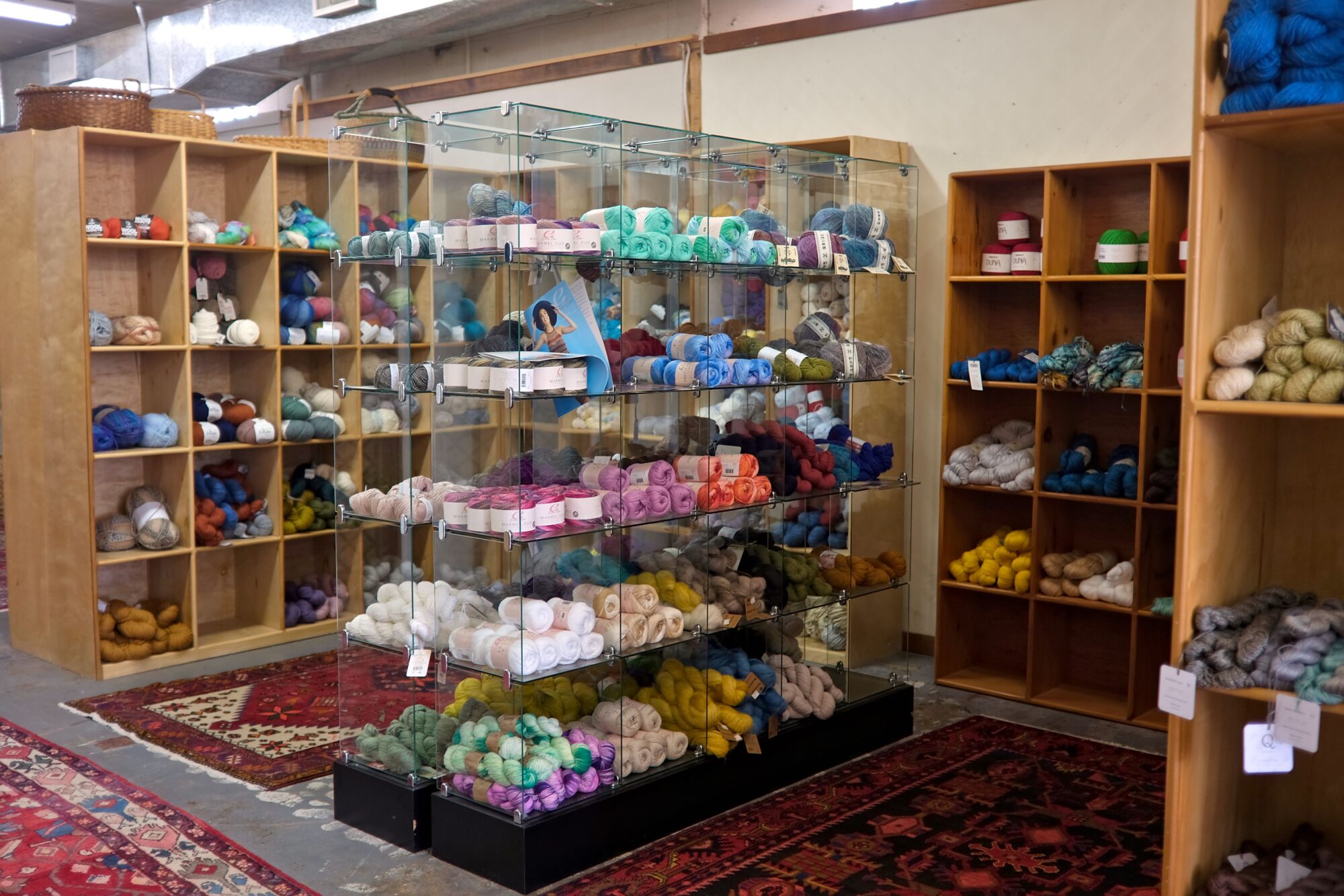 A display of yarn for sale at Tangles Knitting on Main