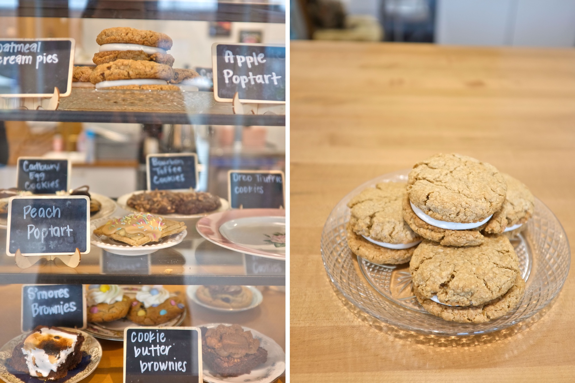 The pastry case at The Batch House and a tray of oatmeal cream pies
