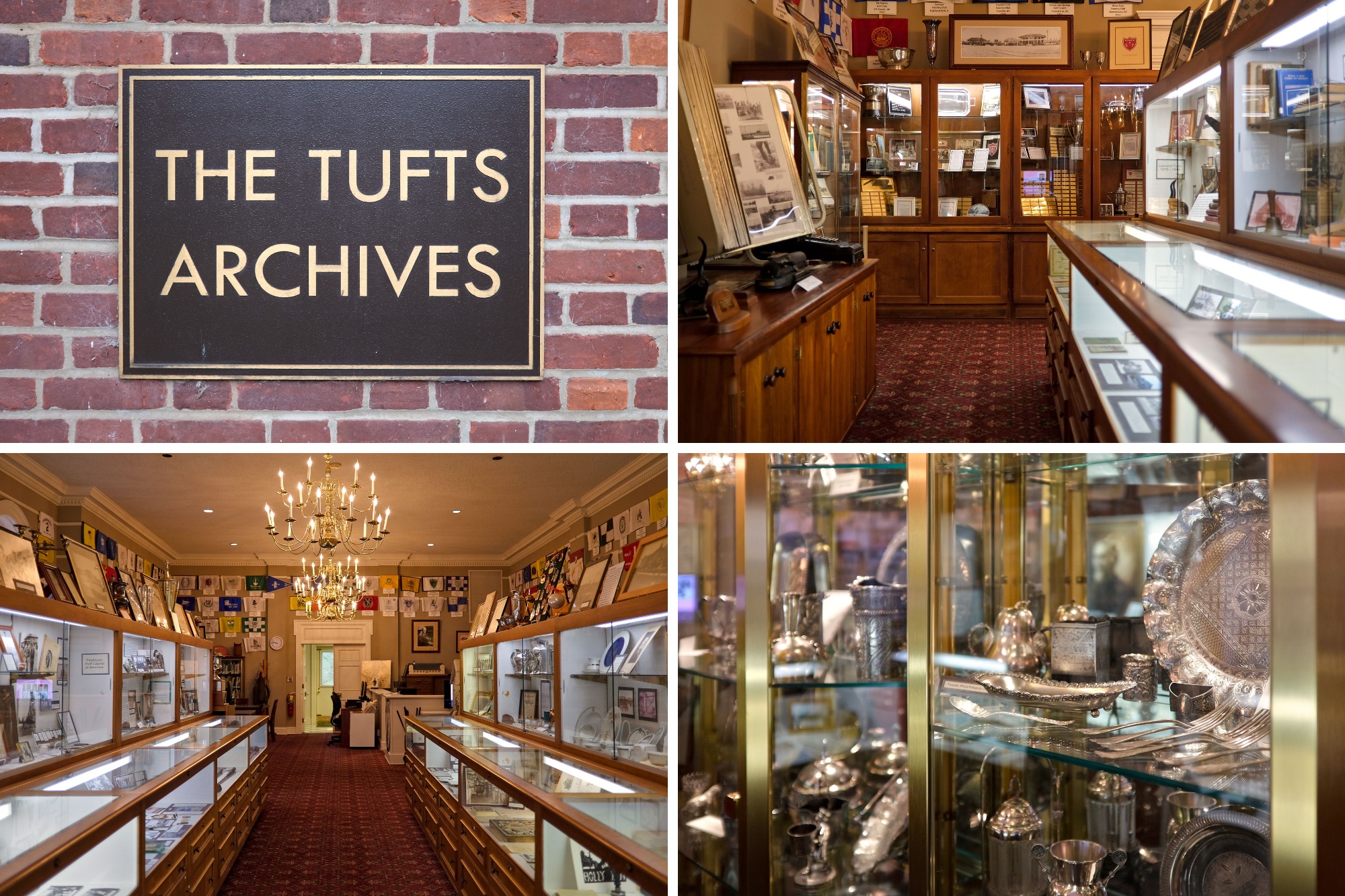 Four images taken at The Tufts Archives, including several cabinets of archives