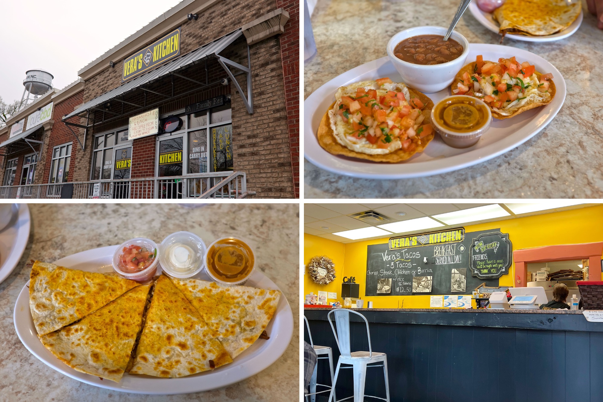 Four images of Vera's Kitchen in Waxhaw showing the exterior, interior and food