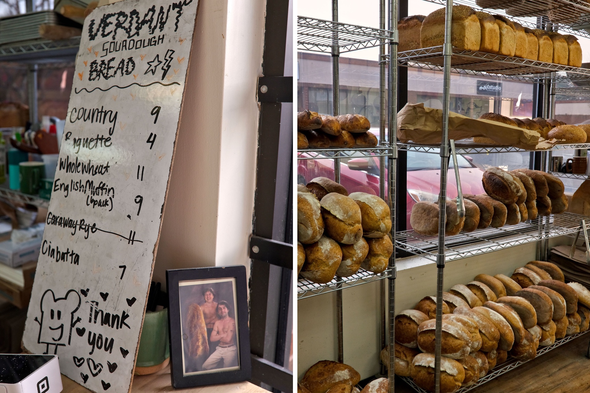 Verdant's menu of bread and a rack stacked with loaves