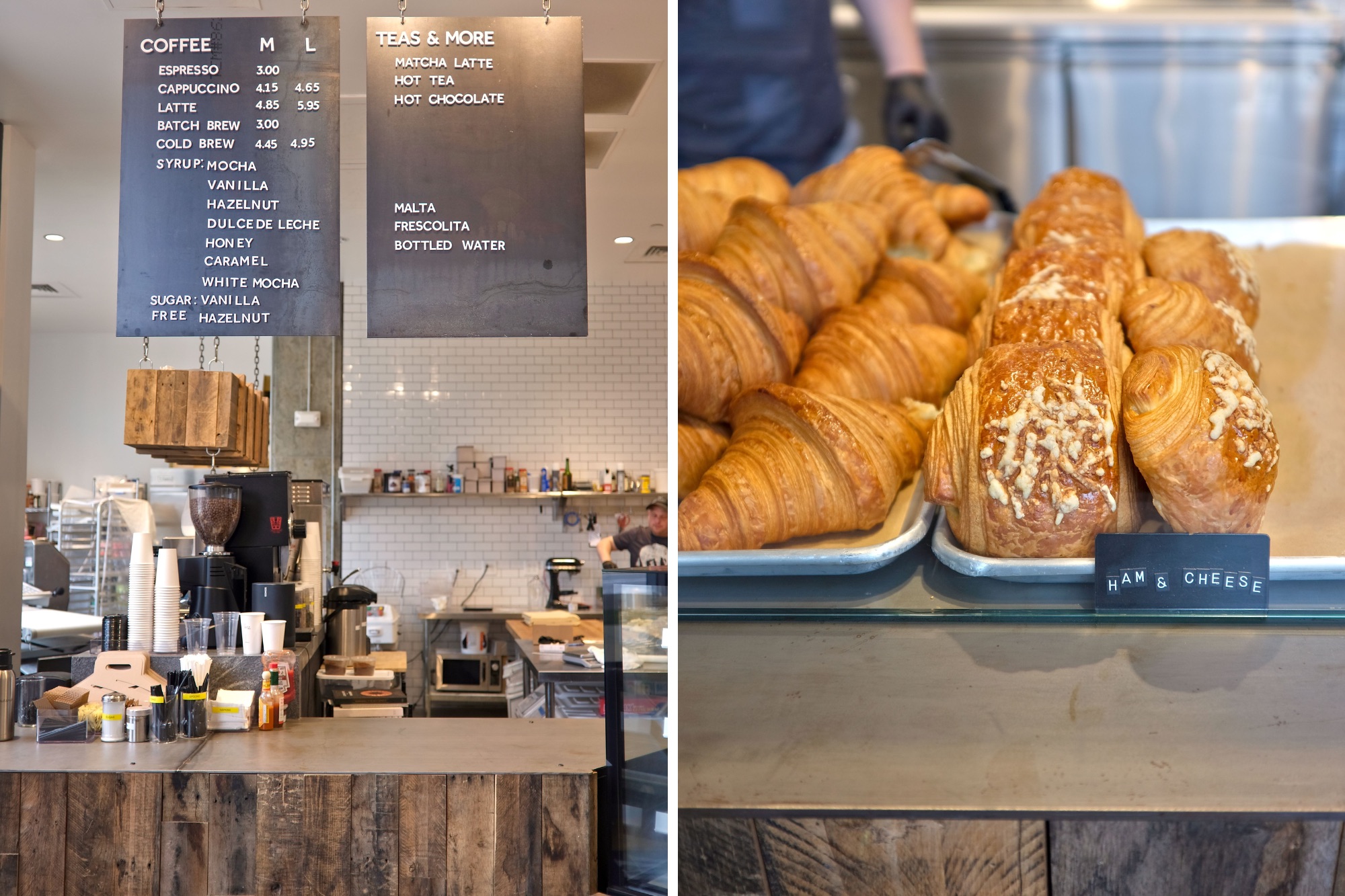 The coffee station at Vicente and a case of sweet and savory croissants