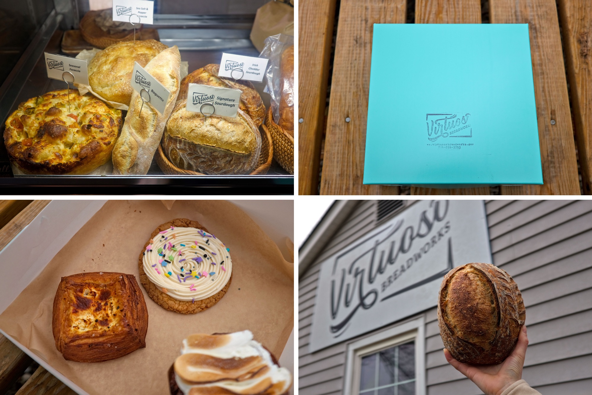 Four images of the pastries and bread on offer at Virtuoso