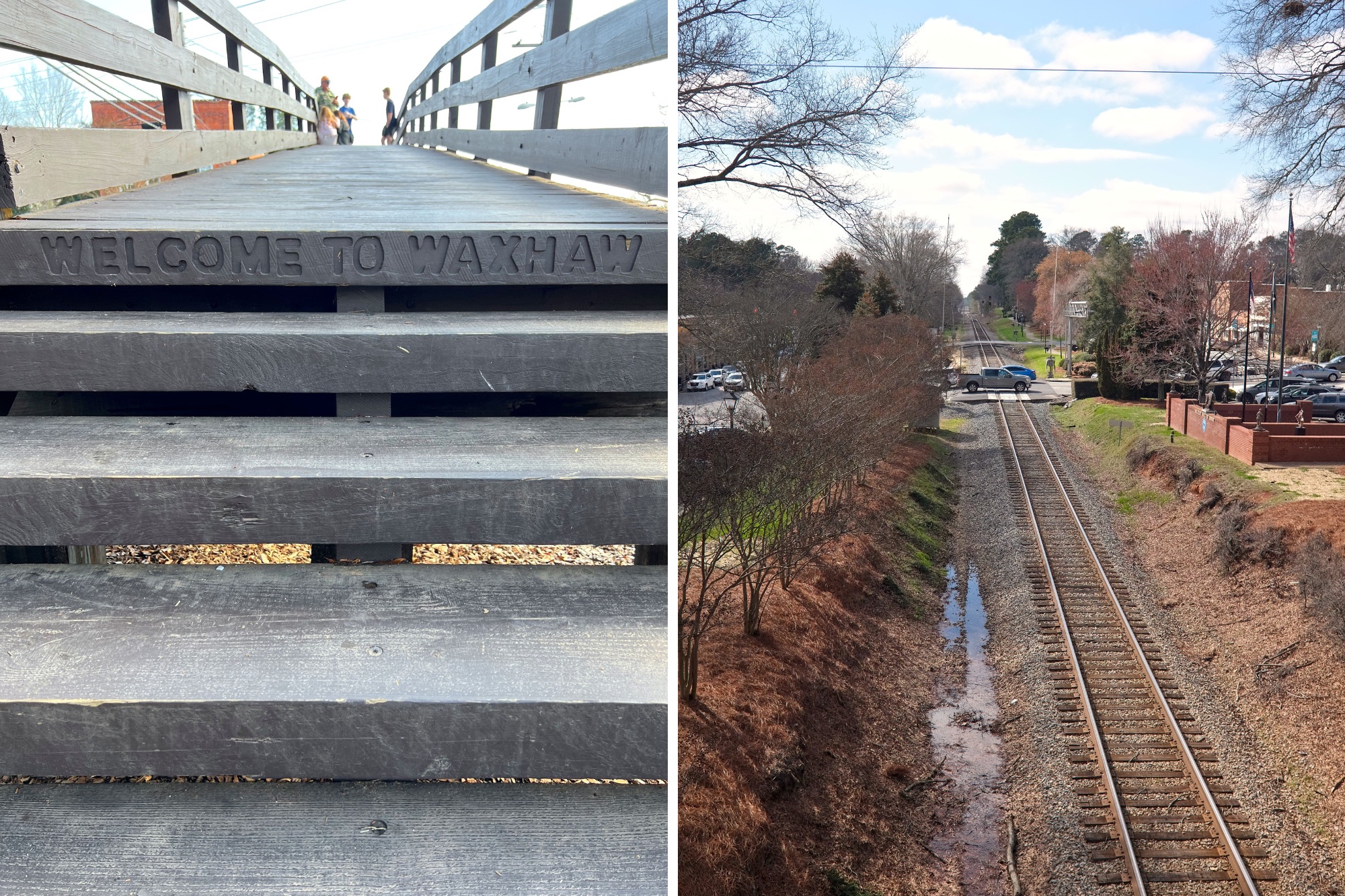 Two images: a close up of the steps of the Waxhaw Overhead Bridge which reads "Welcome to Waxhaw" and the view of the train tracks from the top of the bridge