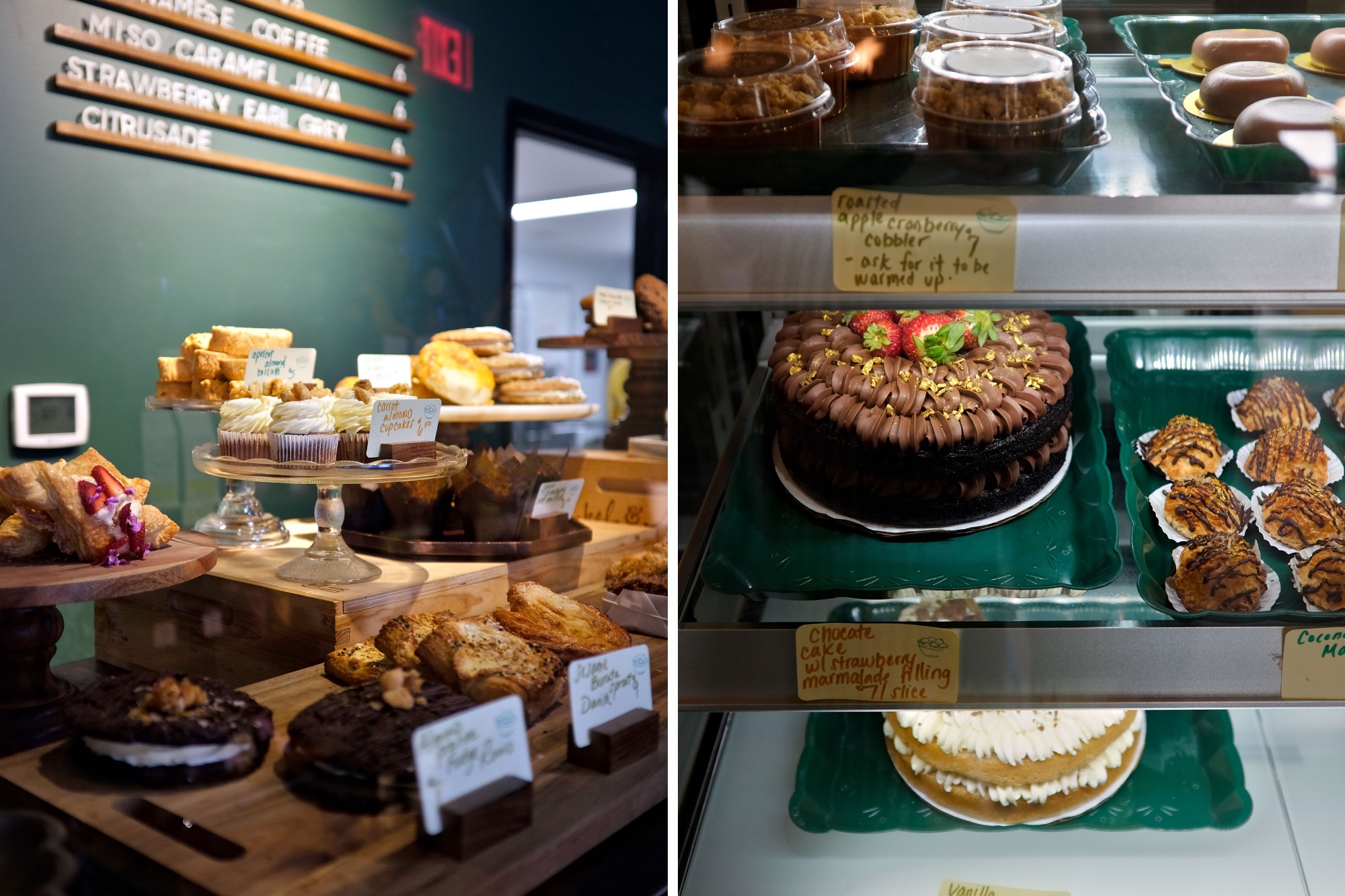 Two images of the pastry case at Wentworth & Fenn