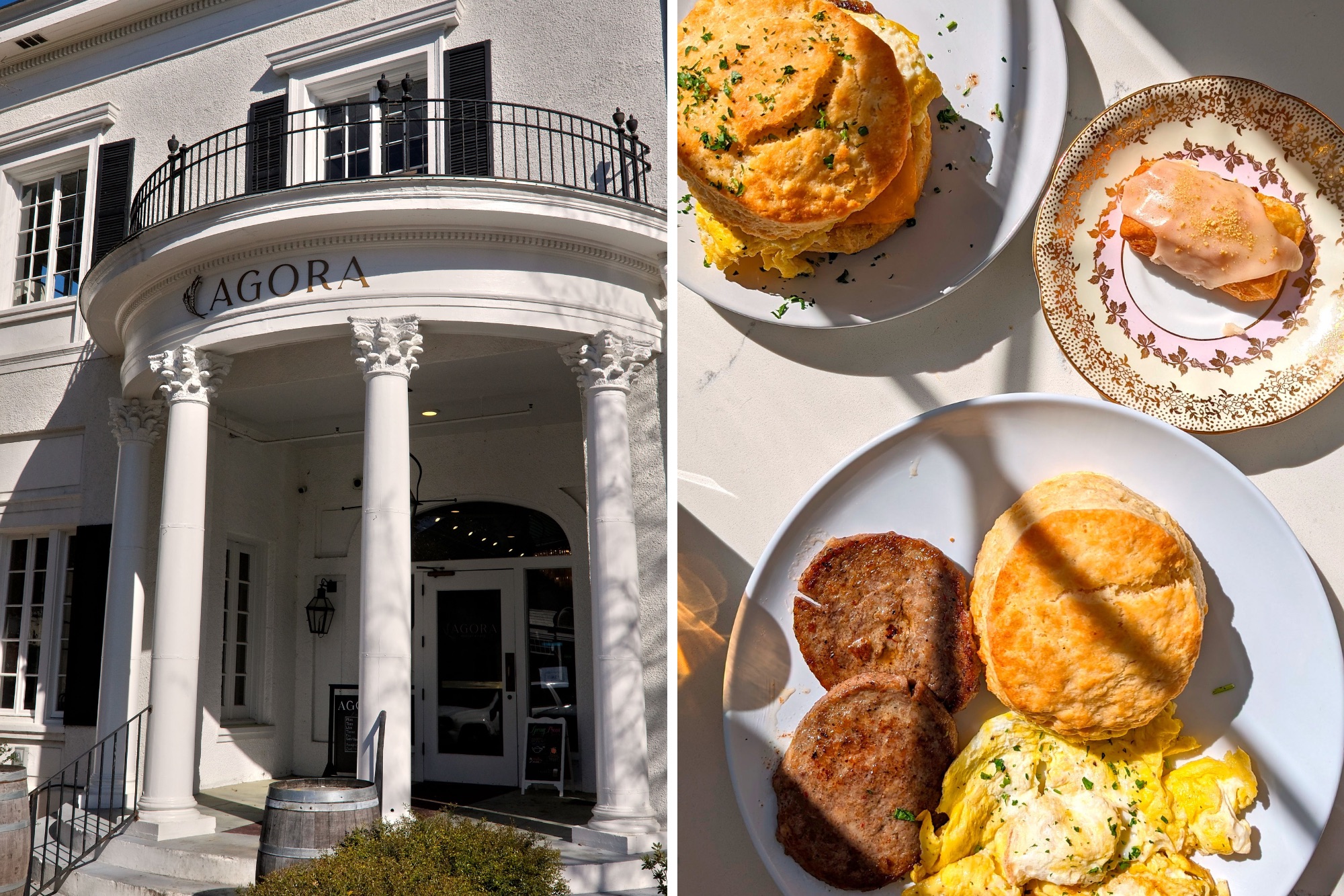 The exterior of Agora and a plate of breakfast