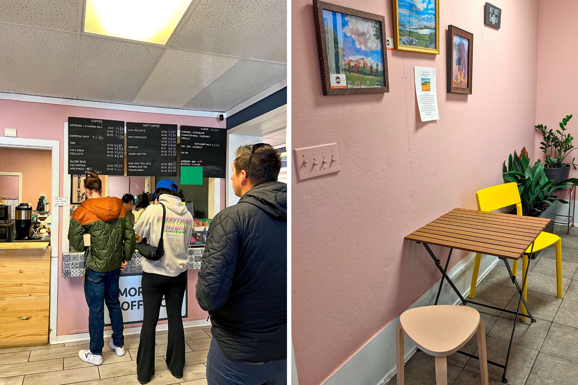 Two images at Amor Ciego: people waiting in line and a petite table and chairs