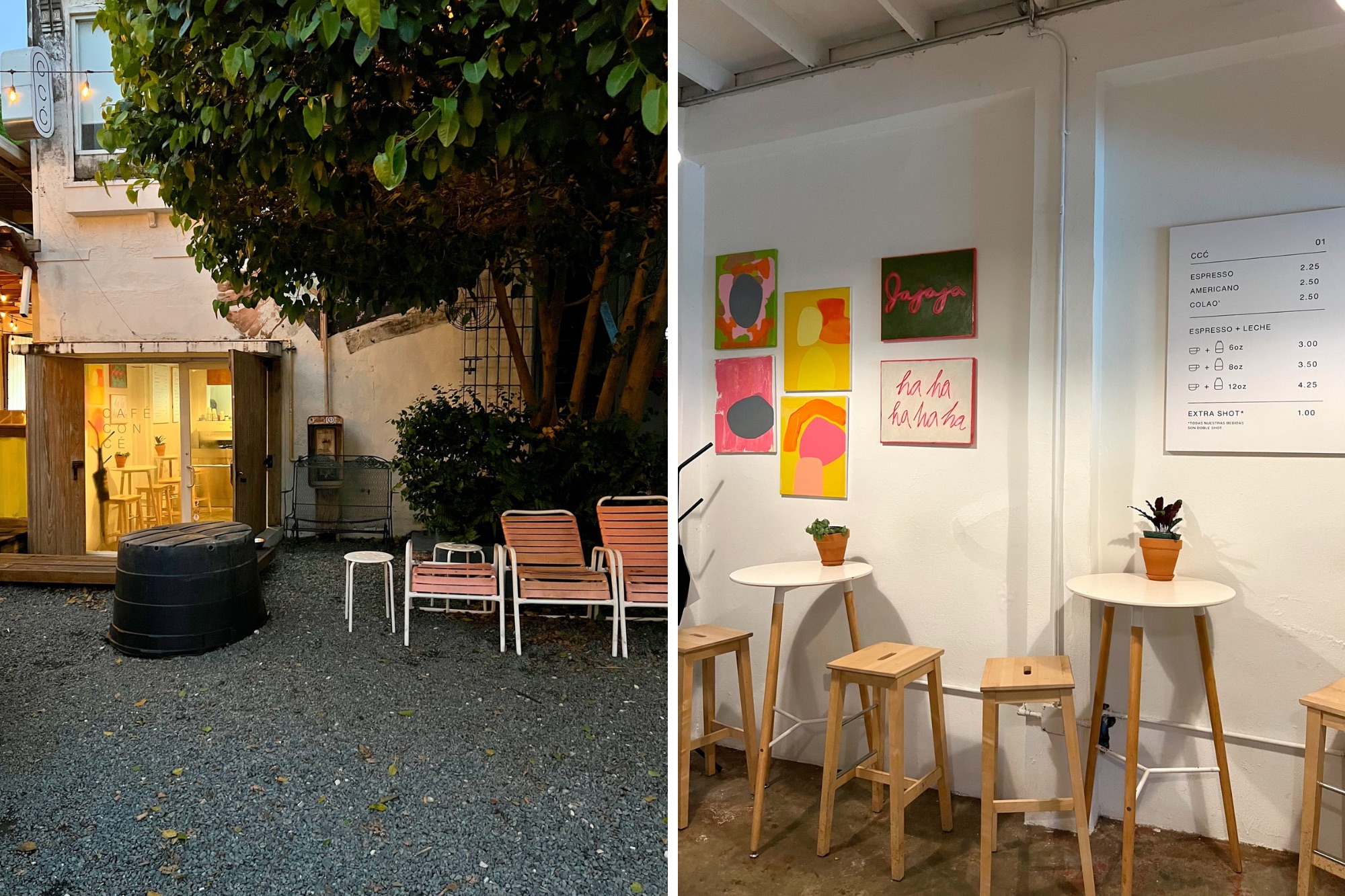 Exterior and interior of Cafe con Ce in San Juan