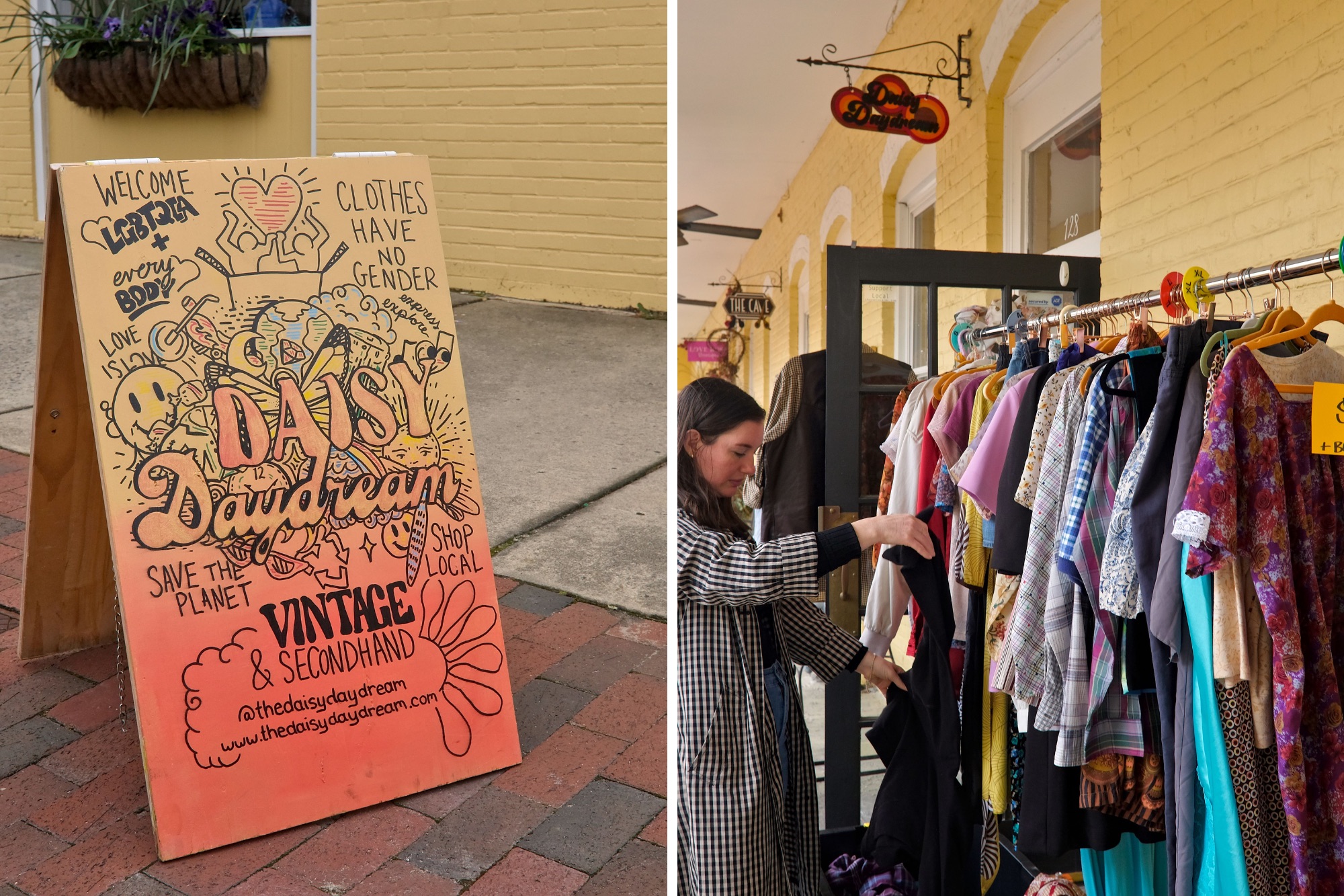 Two images: a sign advertising Daisy Daydream, and Alyssa shopping a rack of vintage clothing