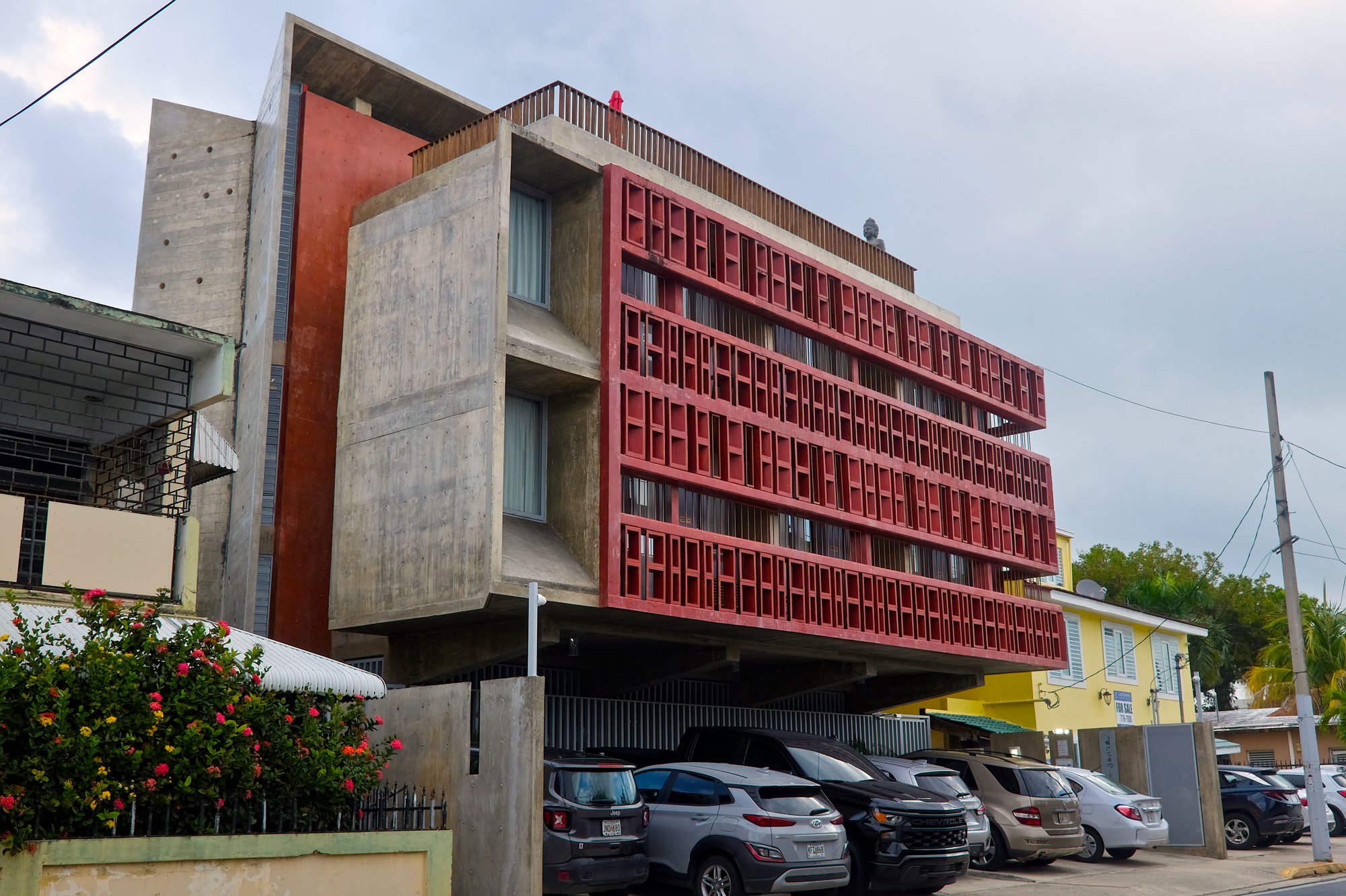 Exterior of San Juan's Dream Inn hotel, with unique, brutalist architecture