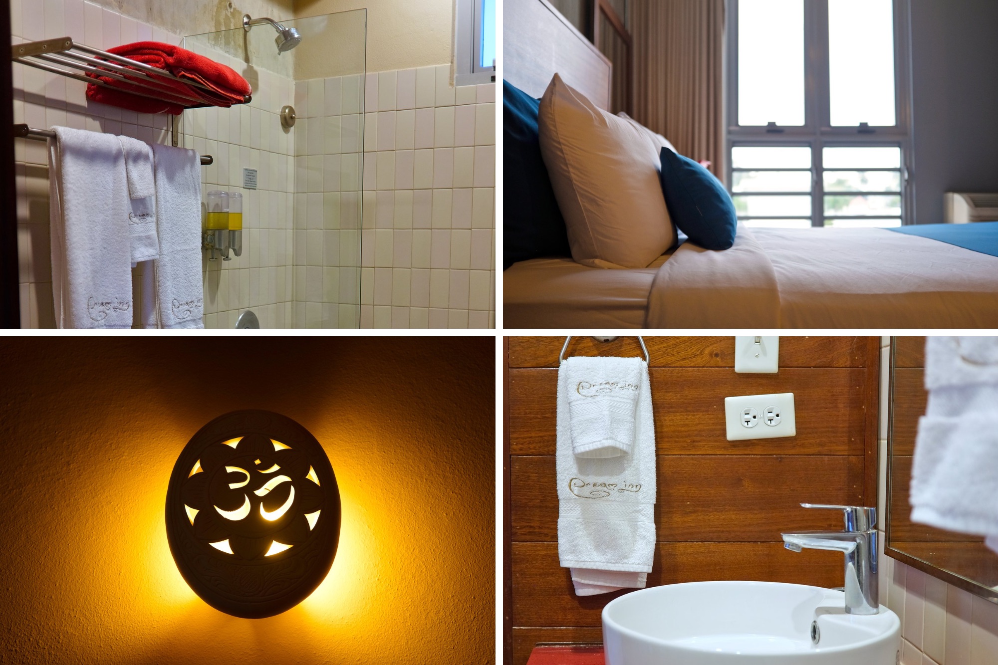 A collage of four photos of the Sunlight Room's sleeping and bath areas
