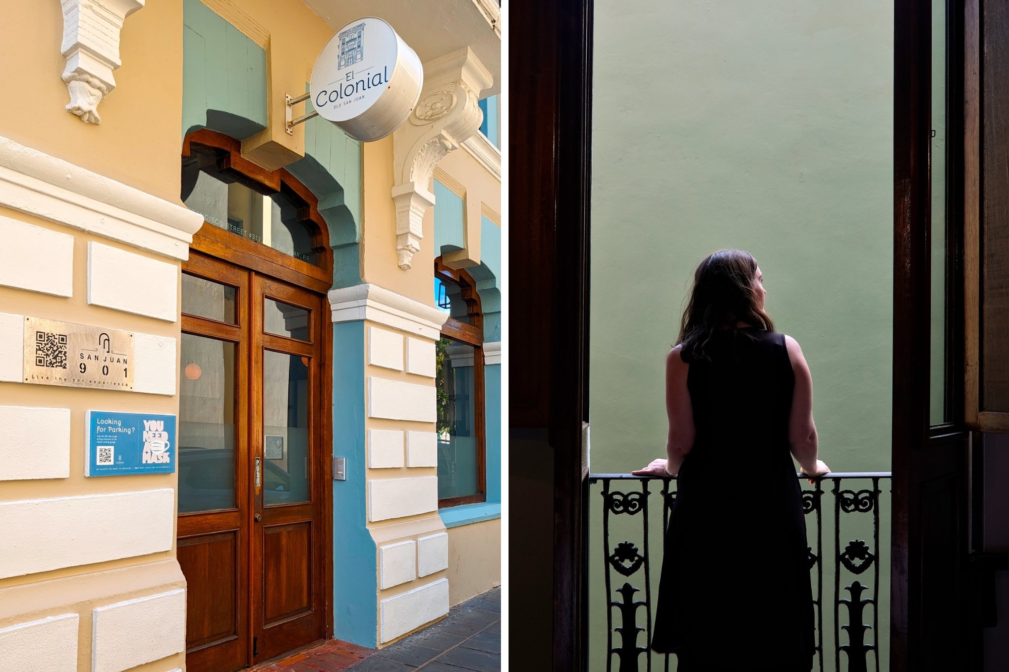 Two images: The entrance to El Colonial and Alyssa looking off the Juliet balcony