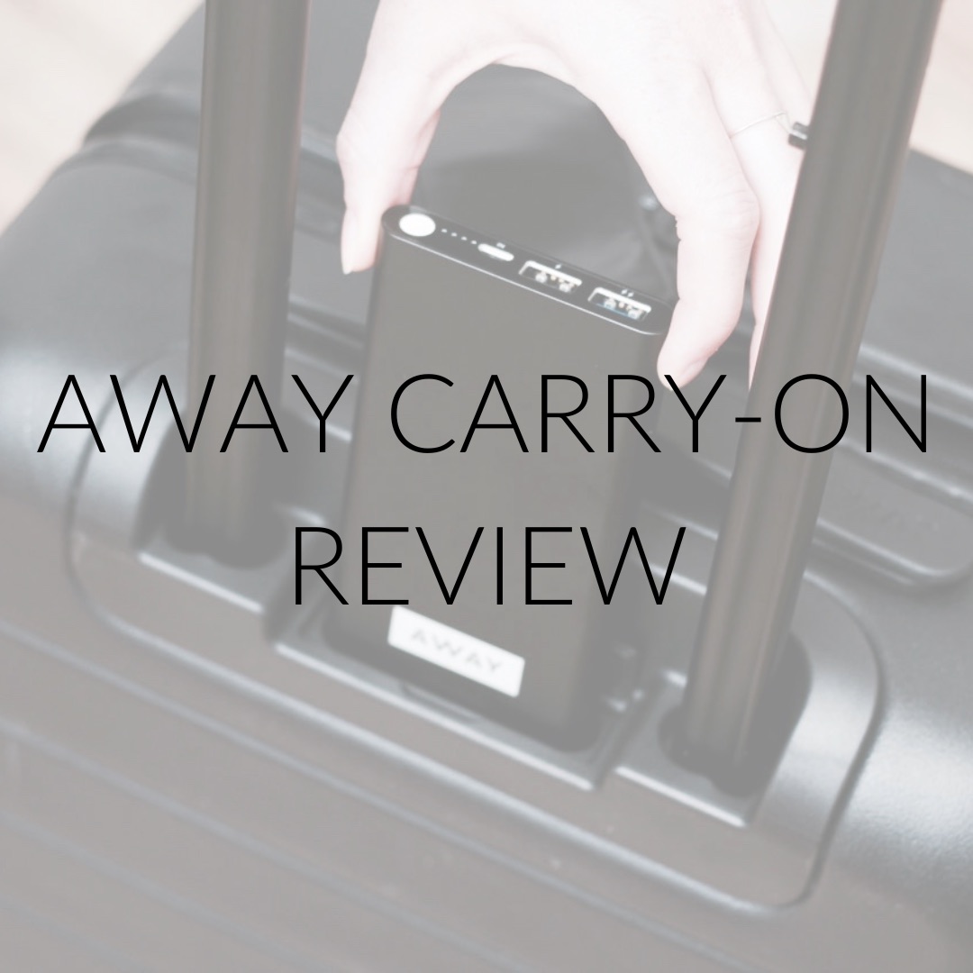 A photo with the Away Carry-On and text that reads "Away carry-on review"