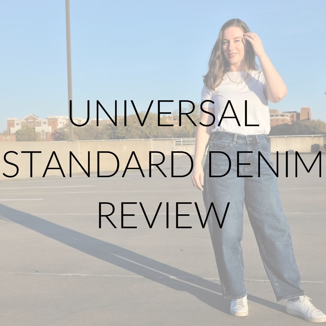 Alyssa wears a pair of blue jeans and text overlay reads "Universal Standard Denim Review"