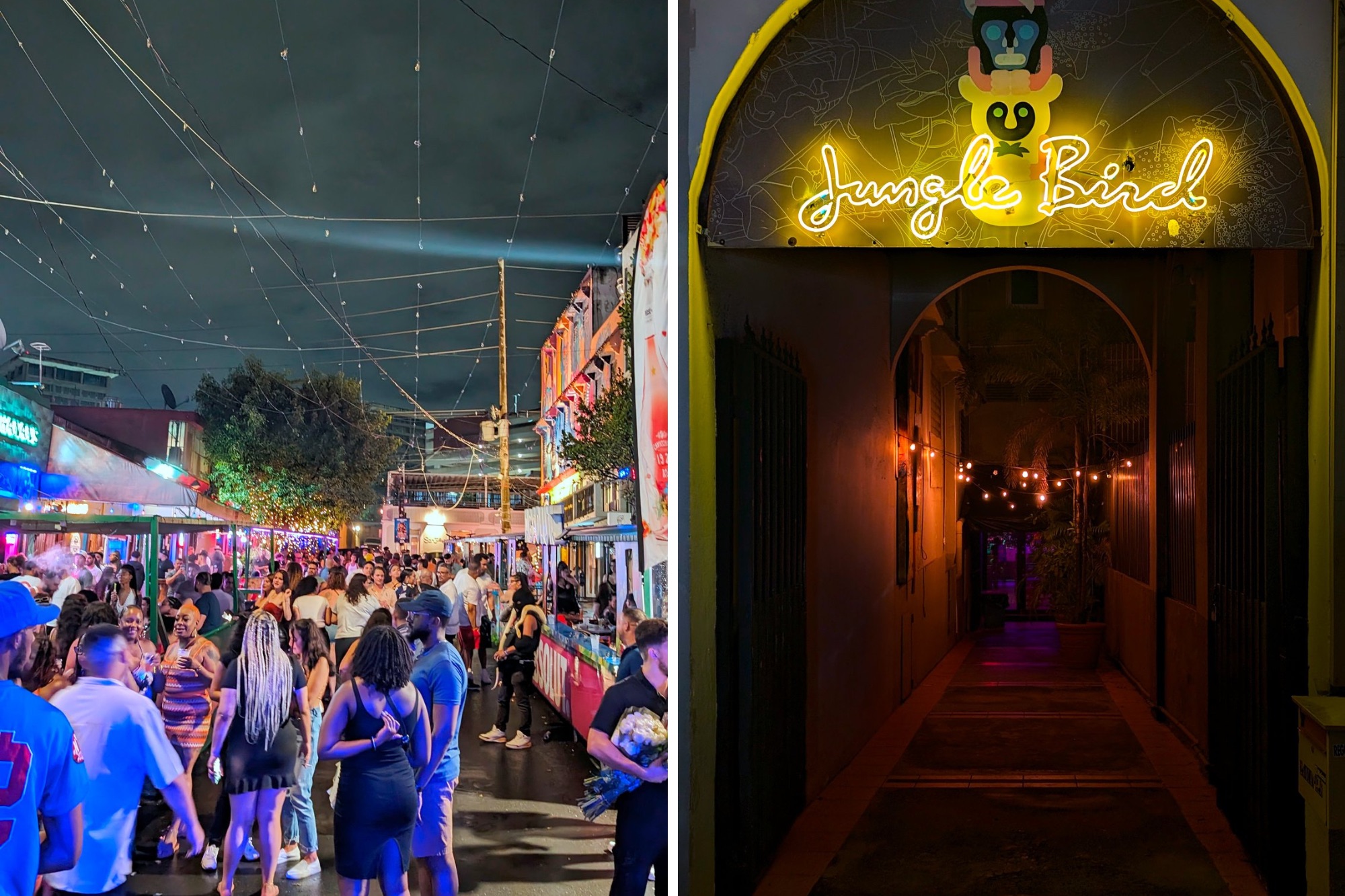 A crowd at La Placita and the entrance to JungleBird