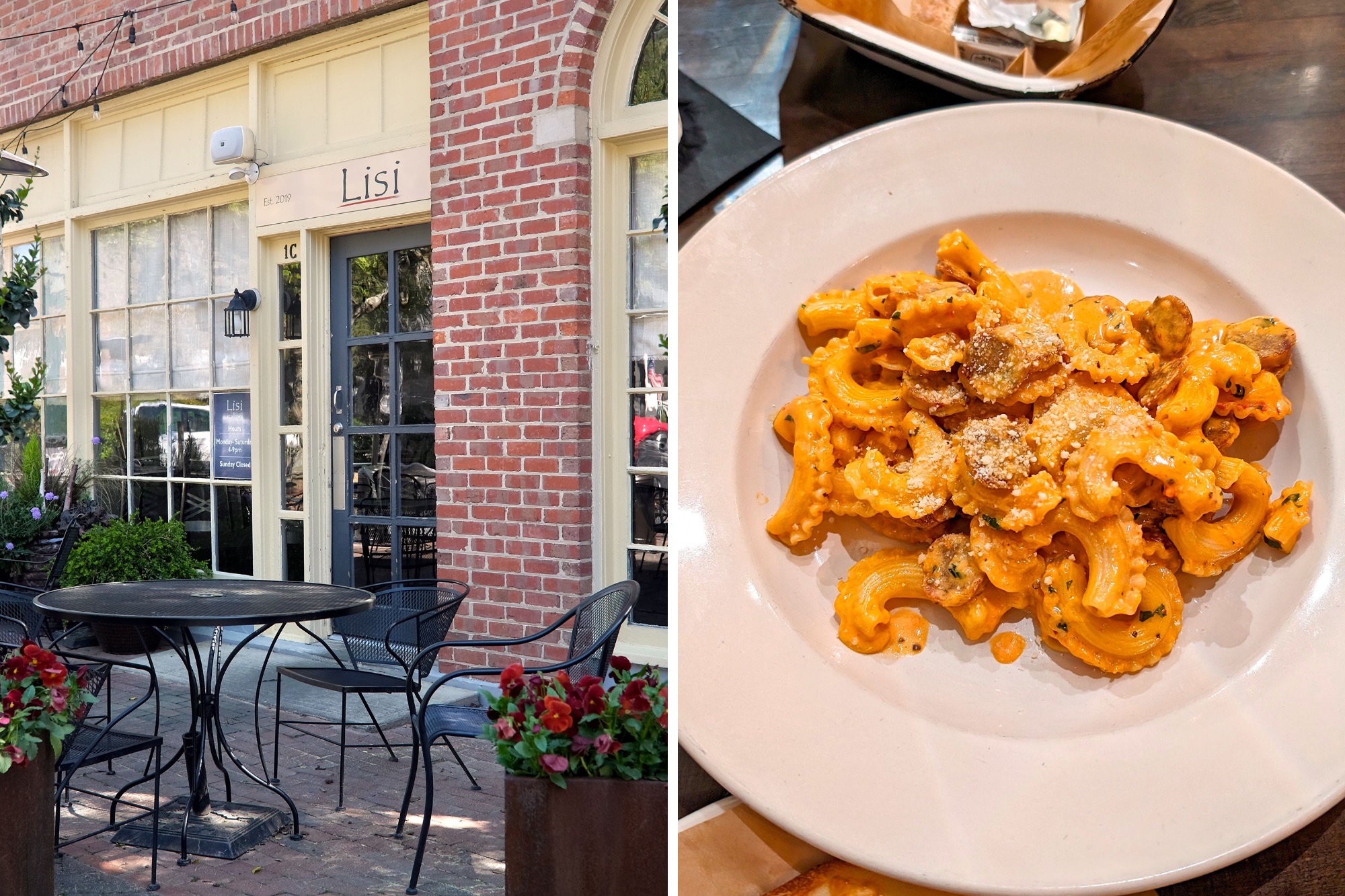 The patio at Lisi's and a bowl of pasta