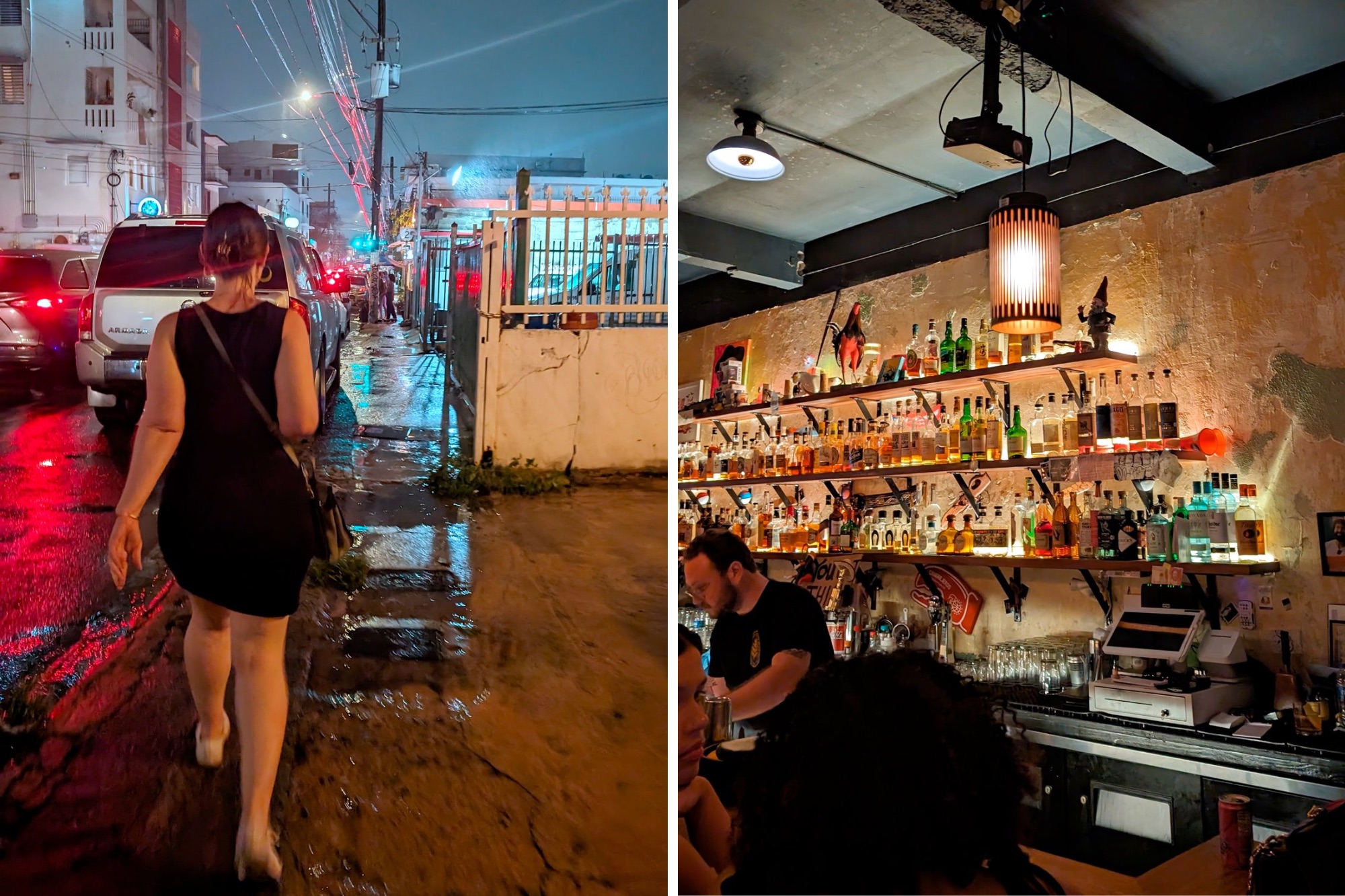 Two Photos: Alyssa walks down Calle Cerra, and the interior of Machete