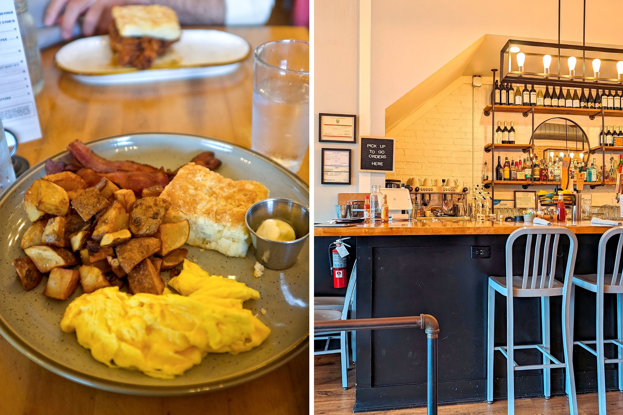 A breakfast plate at Mason's with a photo of the bar