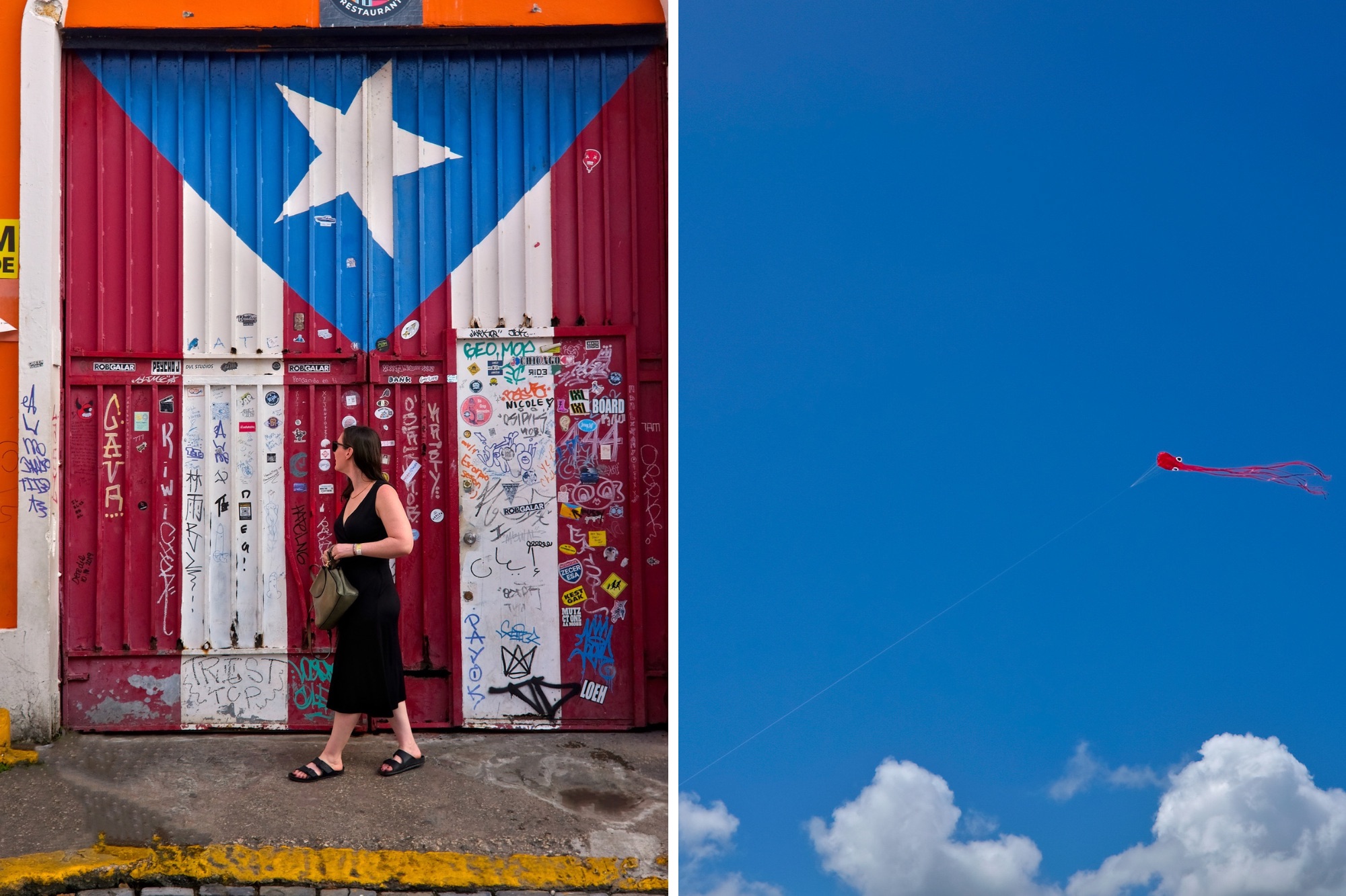 Two photos: Alyssa in front of mural of the Puerto Rican flag and a kite flying in the sky