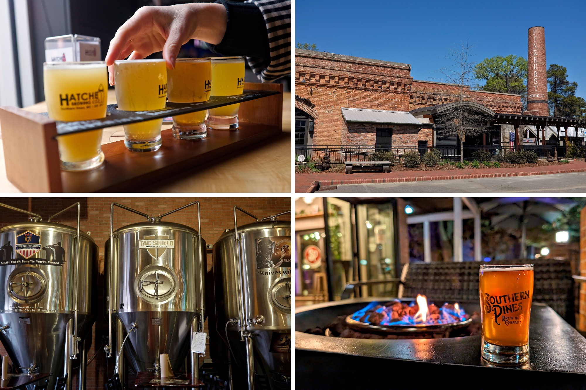 Four photos: Beer at Hatchet Brewery, the exterior of Pinehurst Brewing Co, tanks at Railhouse Brewery, and a glass next to the fire pit at Southern Pines Brewing