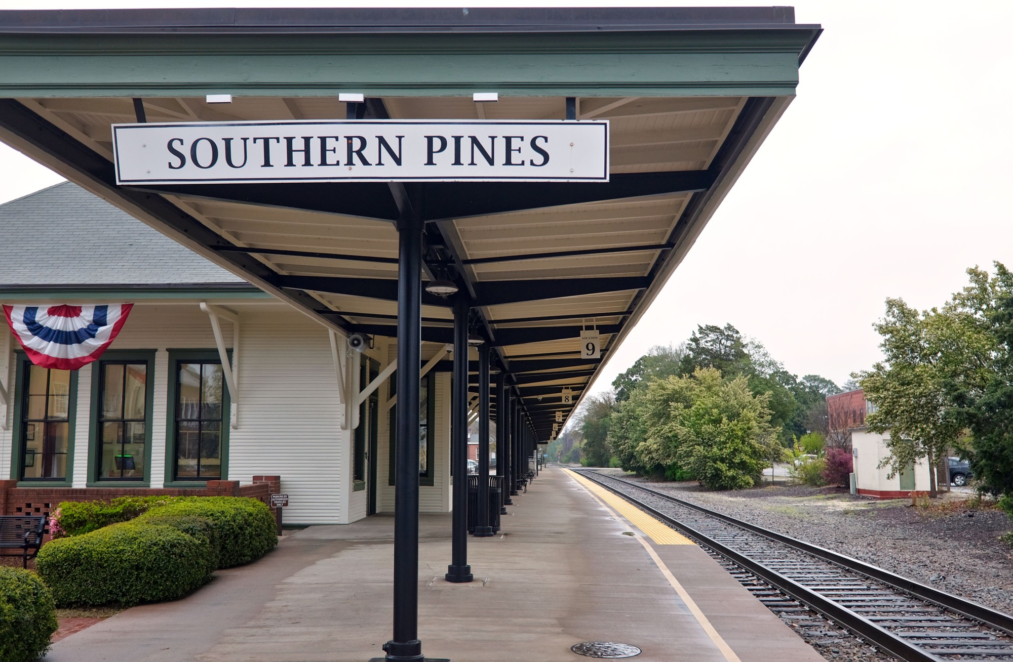 View of the platform at the Southern Pines Amtrak Station