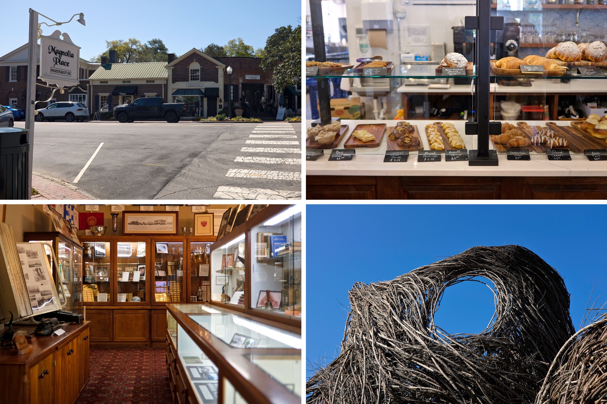 A collage of four images in Pinehurst: the village, a bakery display, a museum, and a nature-inspired sculpture