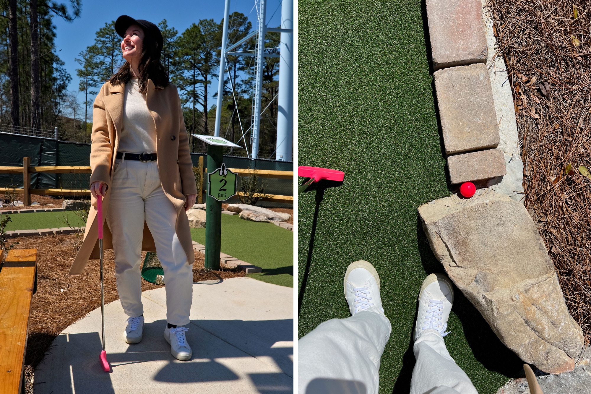 Alyssa with a putter and a pink ball that is stuck