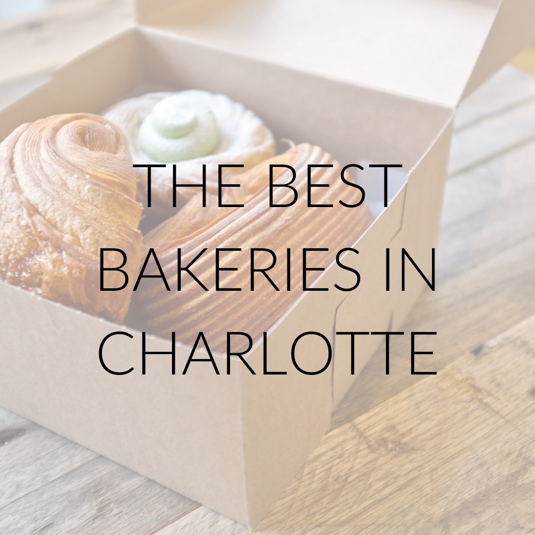 A box of pastries with text overlay that reads "The Best Bakeries in Charlotte"