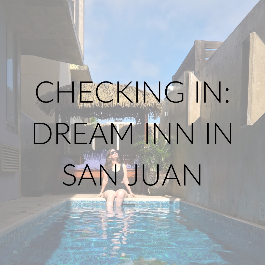 Alyssa in a pool and text overlay reads "Checking In: Dream Inn in San Juan"