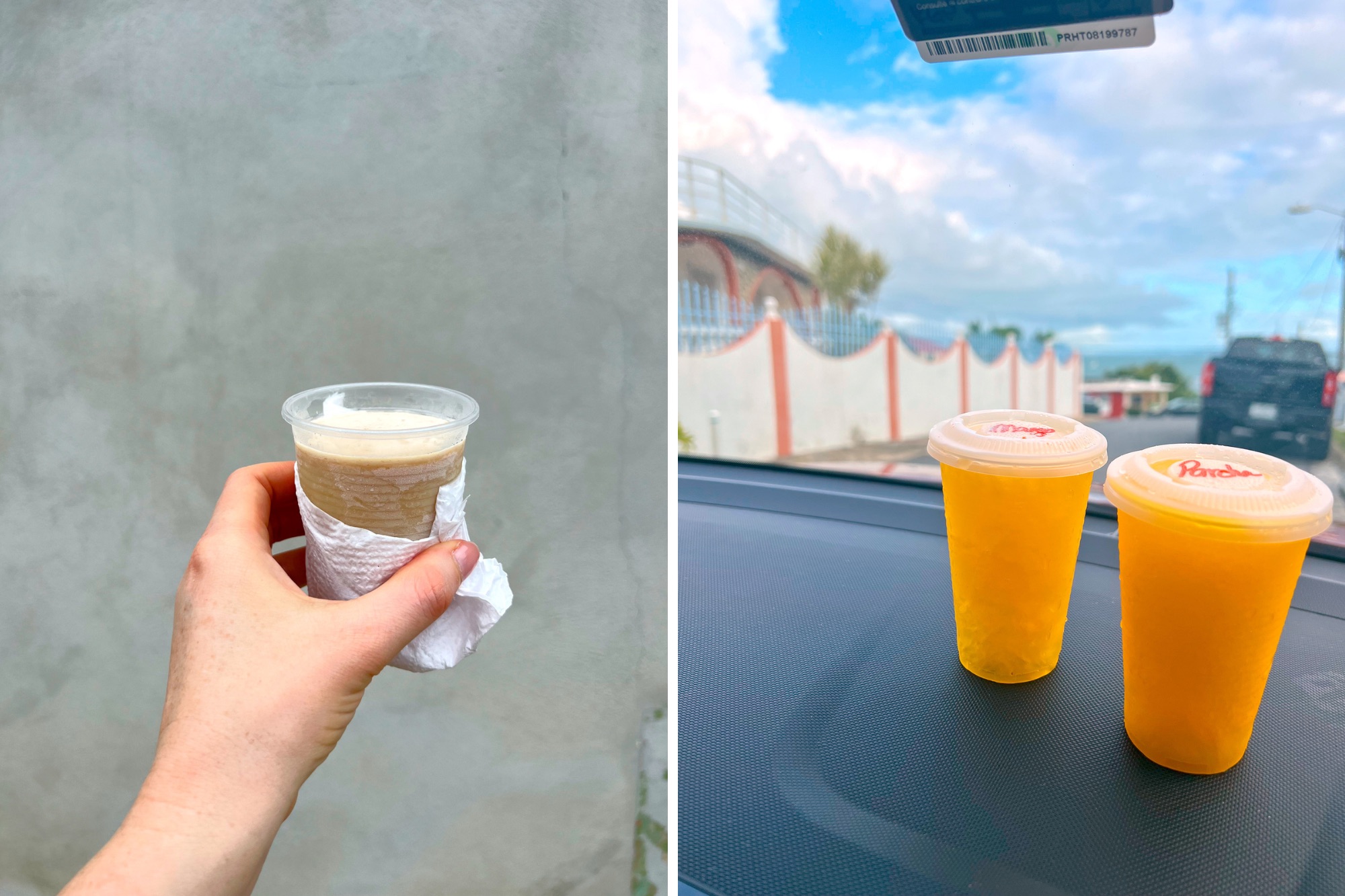 Two photos: Alyssa holding a brown ice pop and two orange ice pops on the dashboard