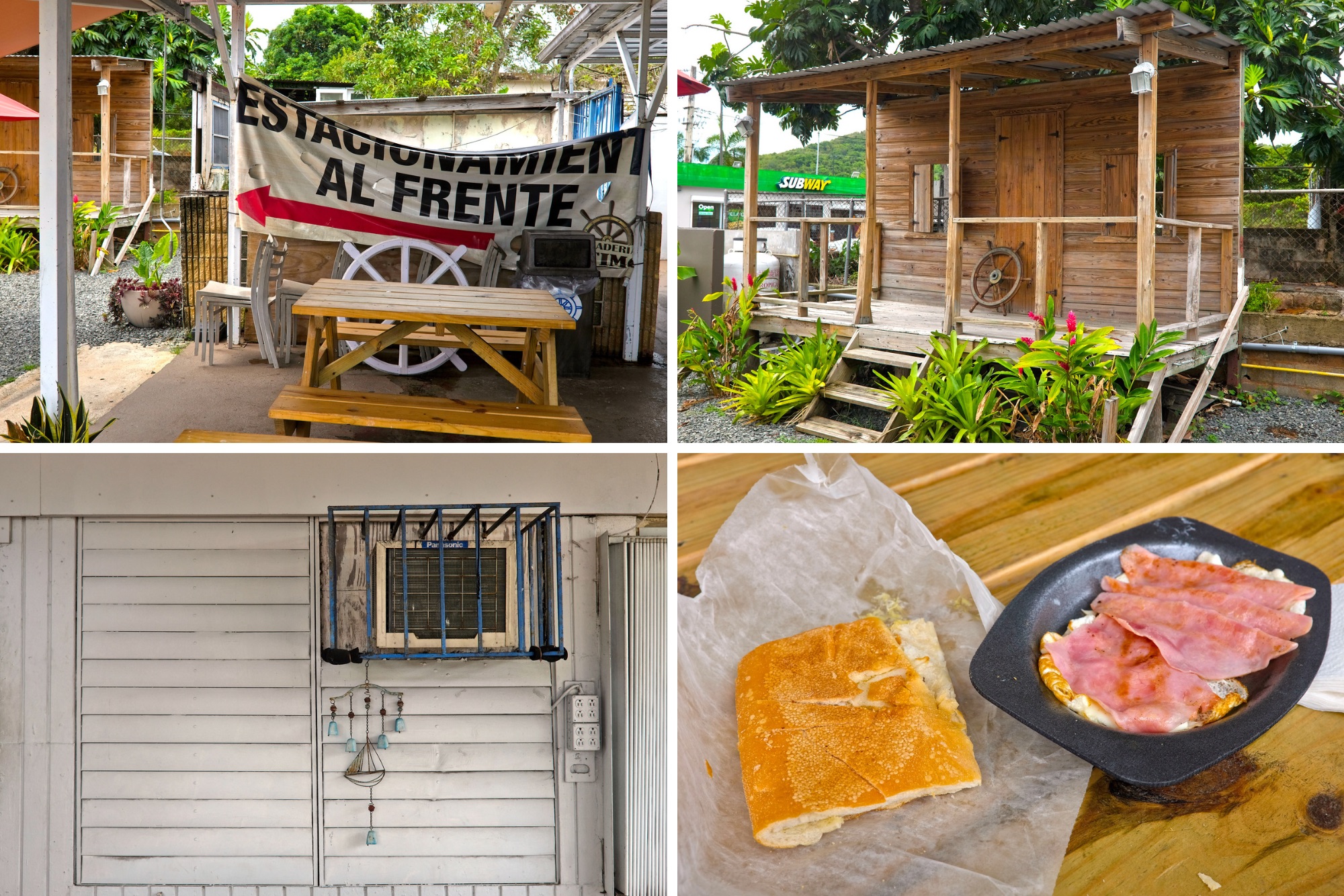 Four images of the exterior and food at Panadería El Timón