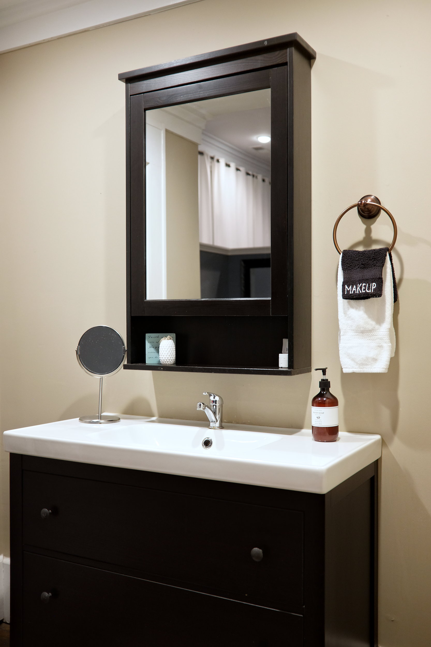 A simple vanity with local toiletries at Sharon Manor