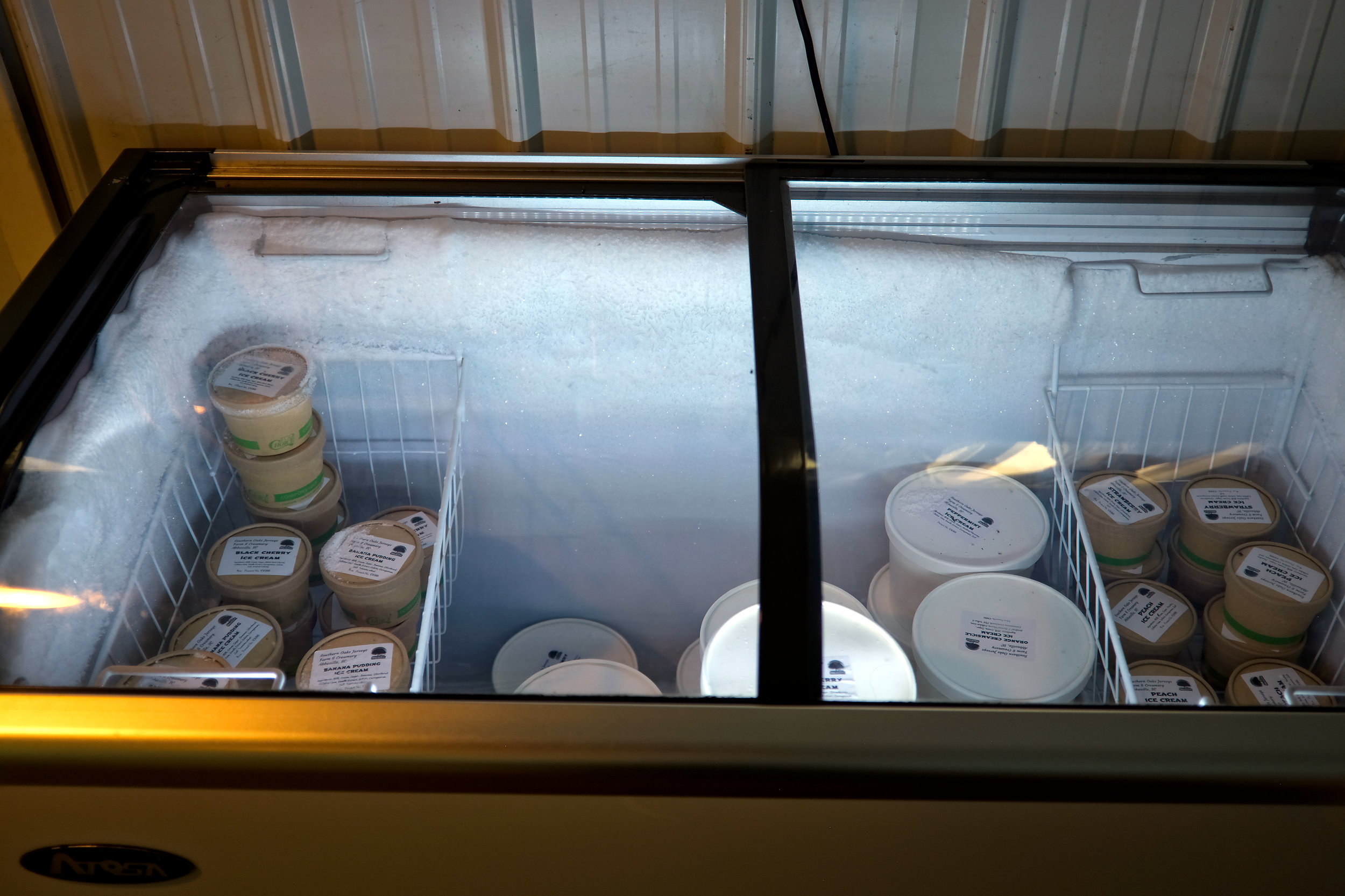 A cooler full of ice cream at Southern Oaks Jerseys, Farm & Creamery