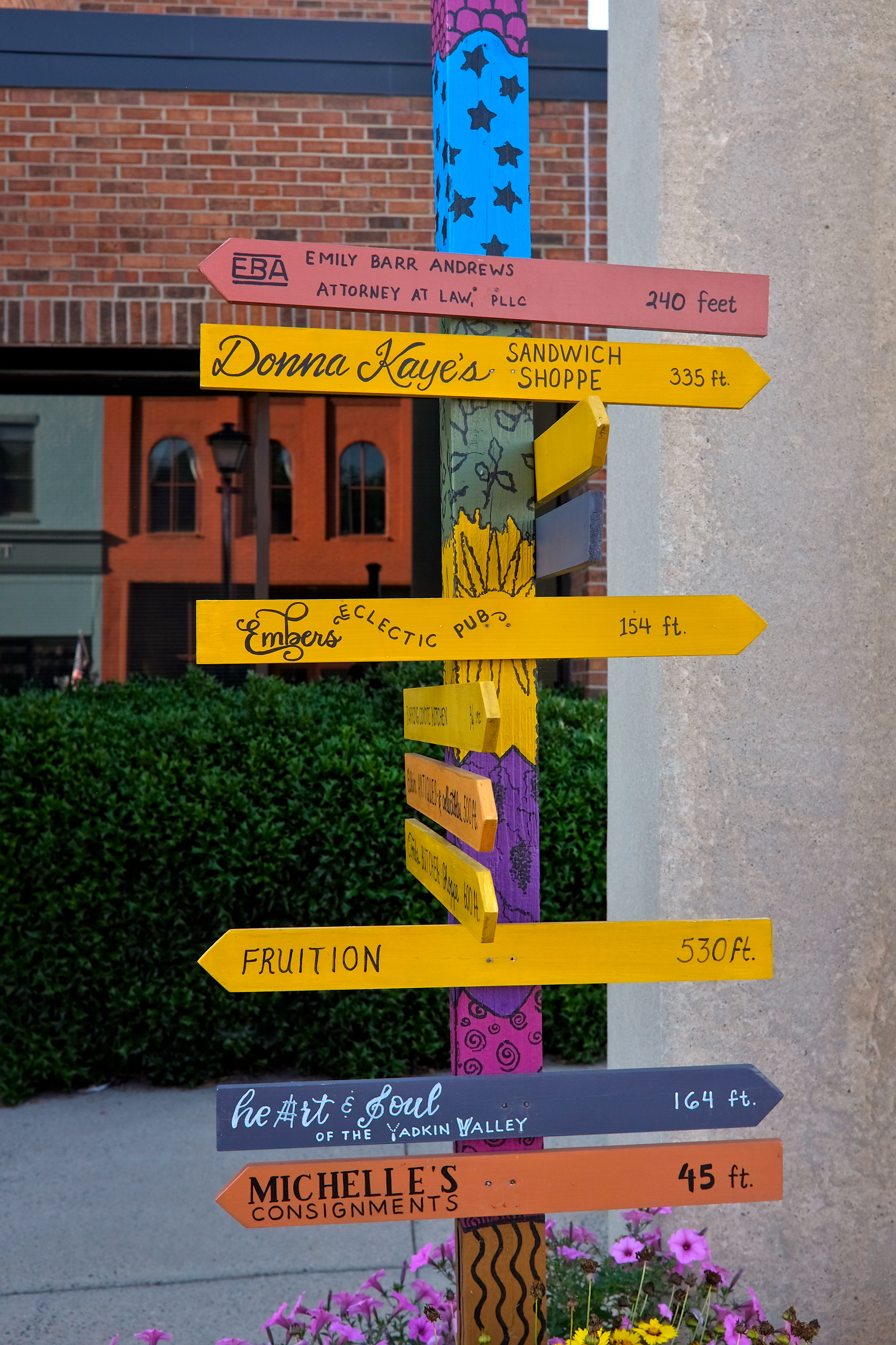 Arrows on a sign pointing to small businesses in downtown Elkin