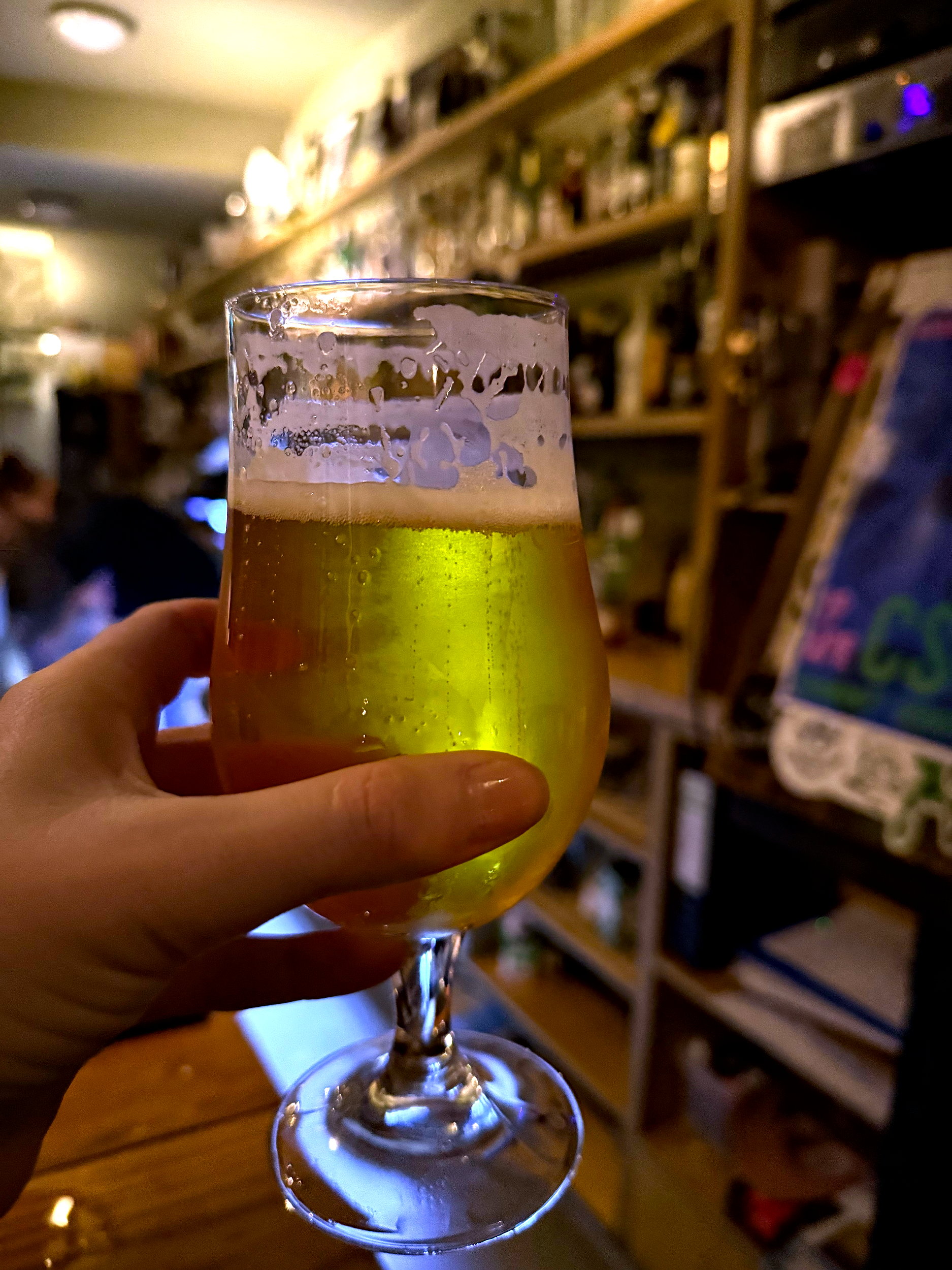 A hand holding up a pint of beer in front of the bar at Bierhaus, with shelves of craft bottles and taps visible in the background under moody, ambient lighting.