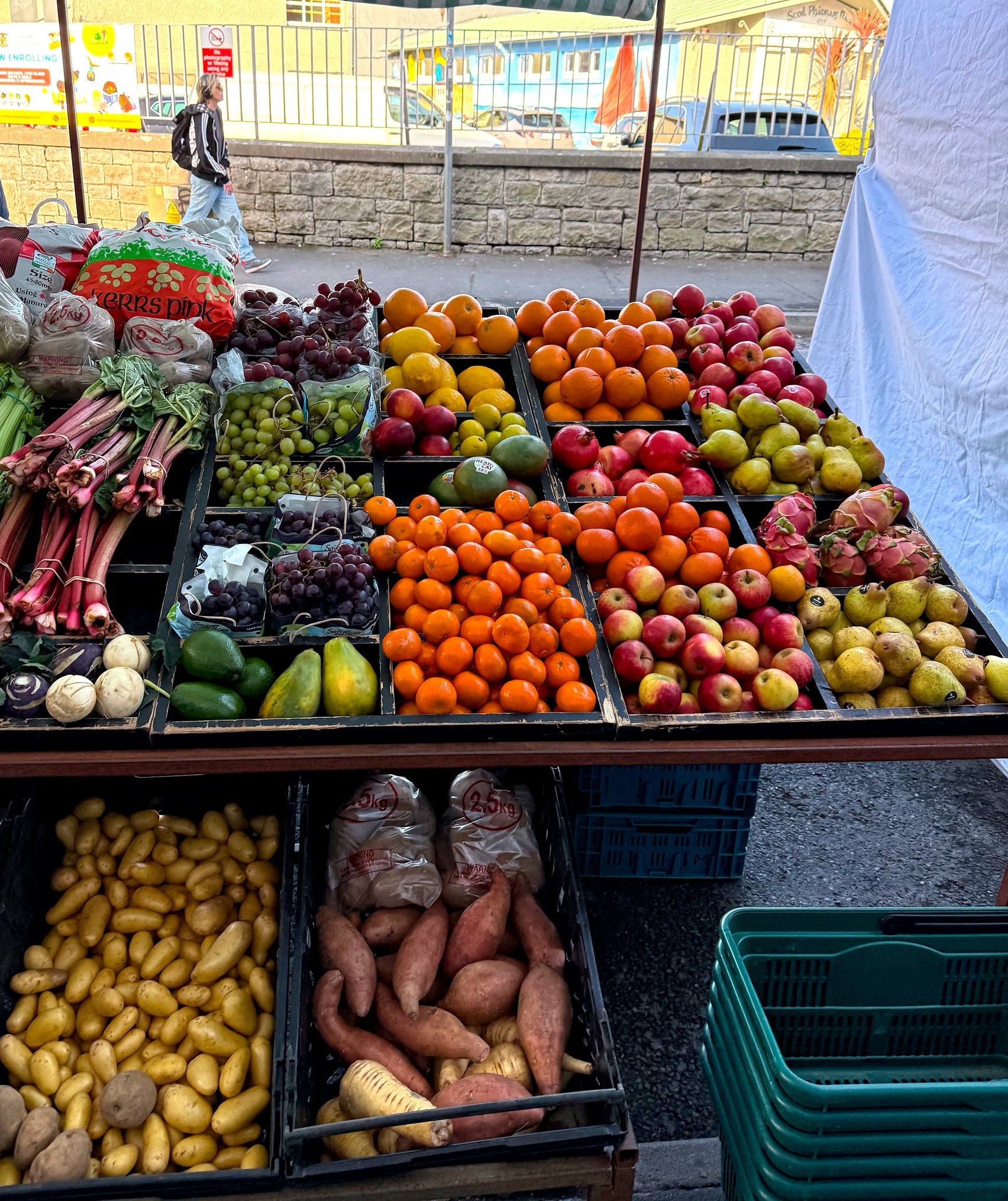 Close-up of a market produce table displaying a variety of fresh fruits and vegetables including apples, oranges, pears, sweet potatoes, grapes, rhubarb, papayas, and bags of potatoes.