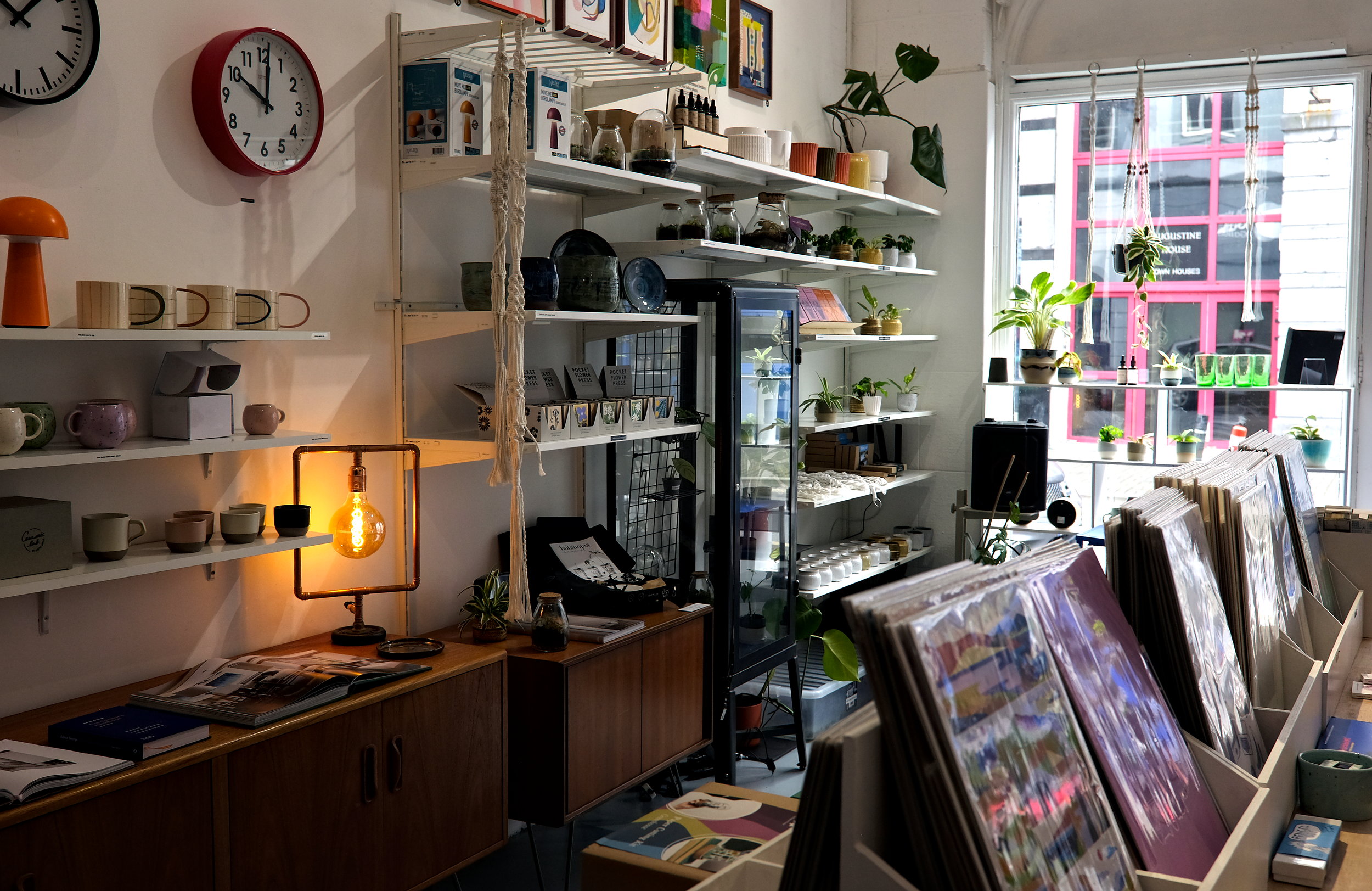 Stylish, contemporary interior of Outset Design in Galway, showcasing modern Irish-made homewares, minimalist furniture, and curated lifestyle items arranged in a bright, airy space with clean lines and natural textures.