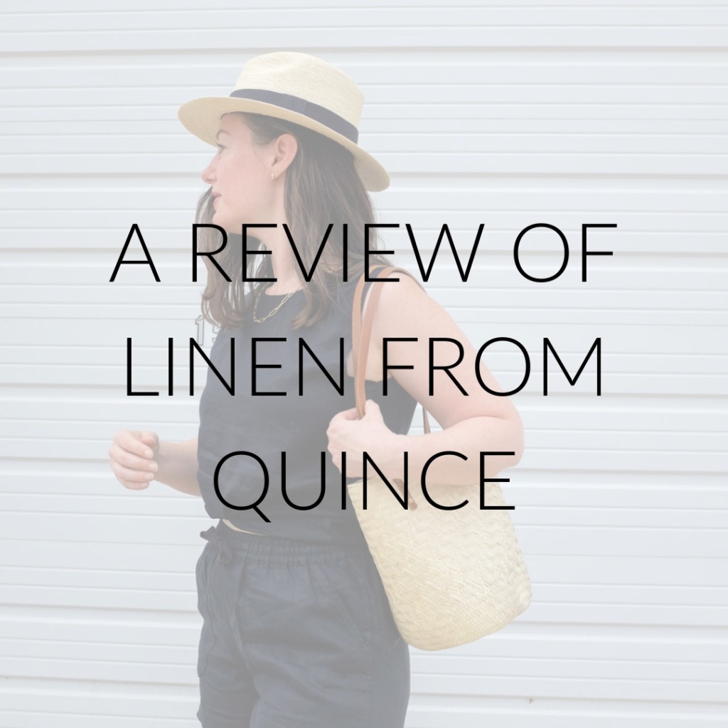 Alyssa wears a black linen set with text overlay that reads "A review of linen from Quince"