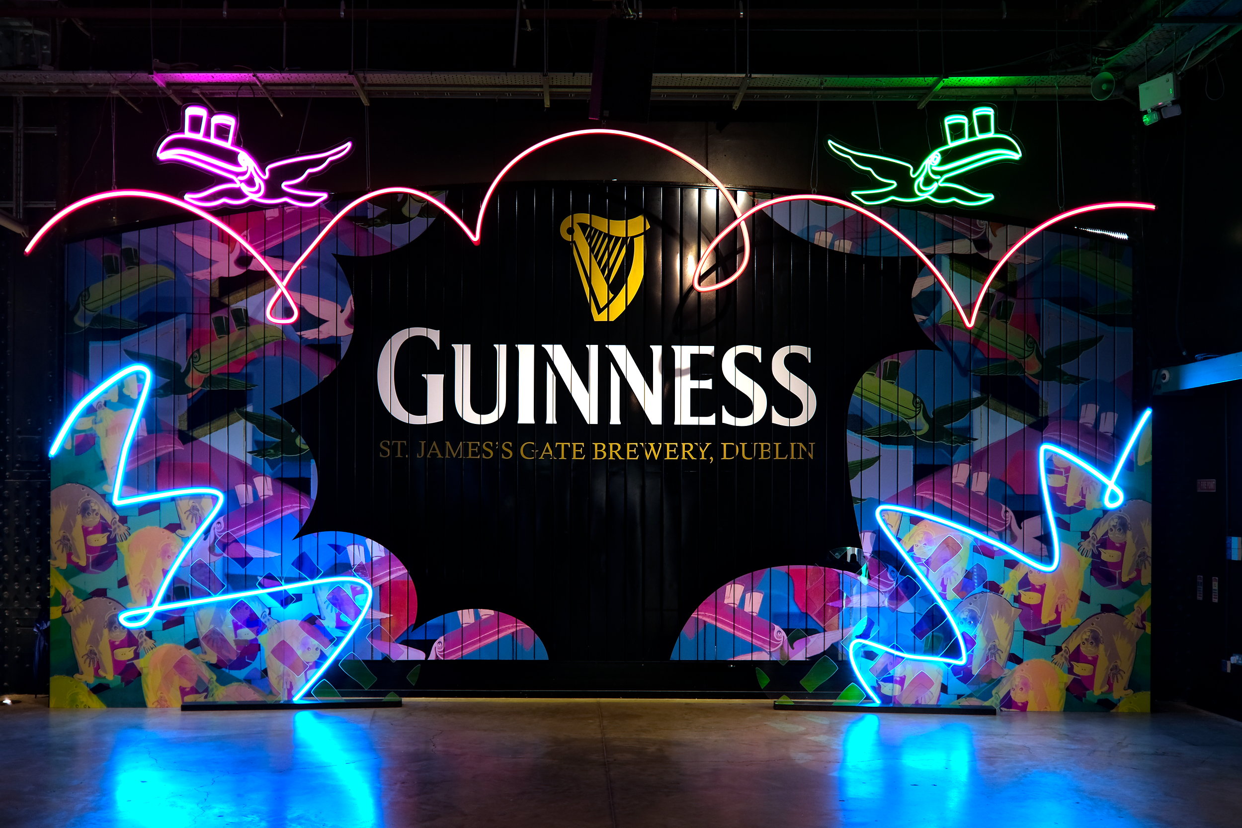 A neon-lit wall at the Guinness Storehouse