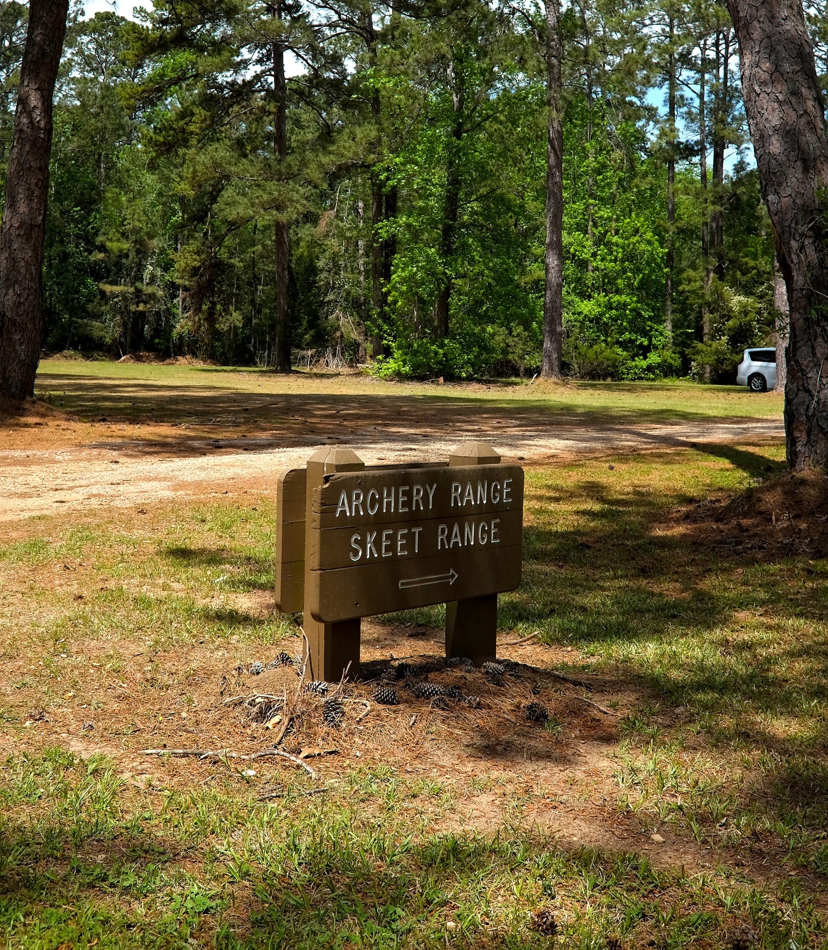 A sign pointing to the archery and skeet ranges at Hickory Knob