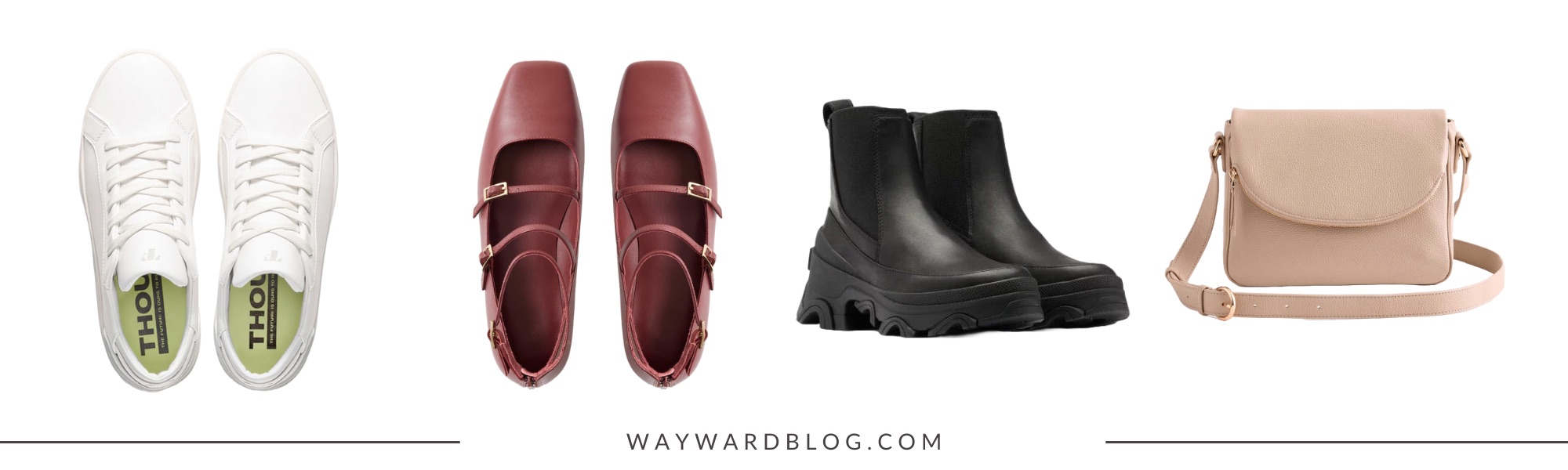 A pair of sneakers, red flats, black boots, and taupe purse