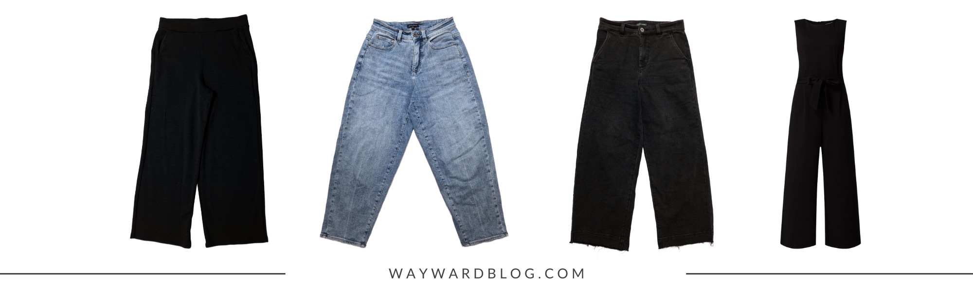 A pair of paints, a light blue jean, a dark black jean, and a jumpsuit