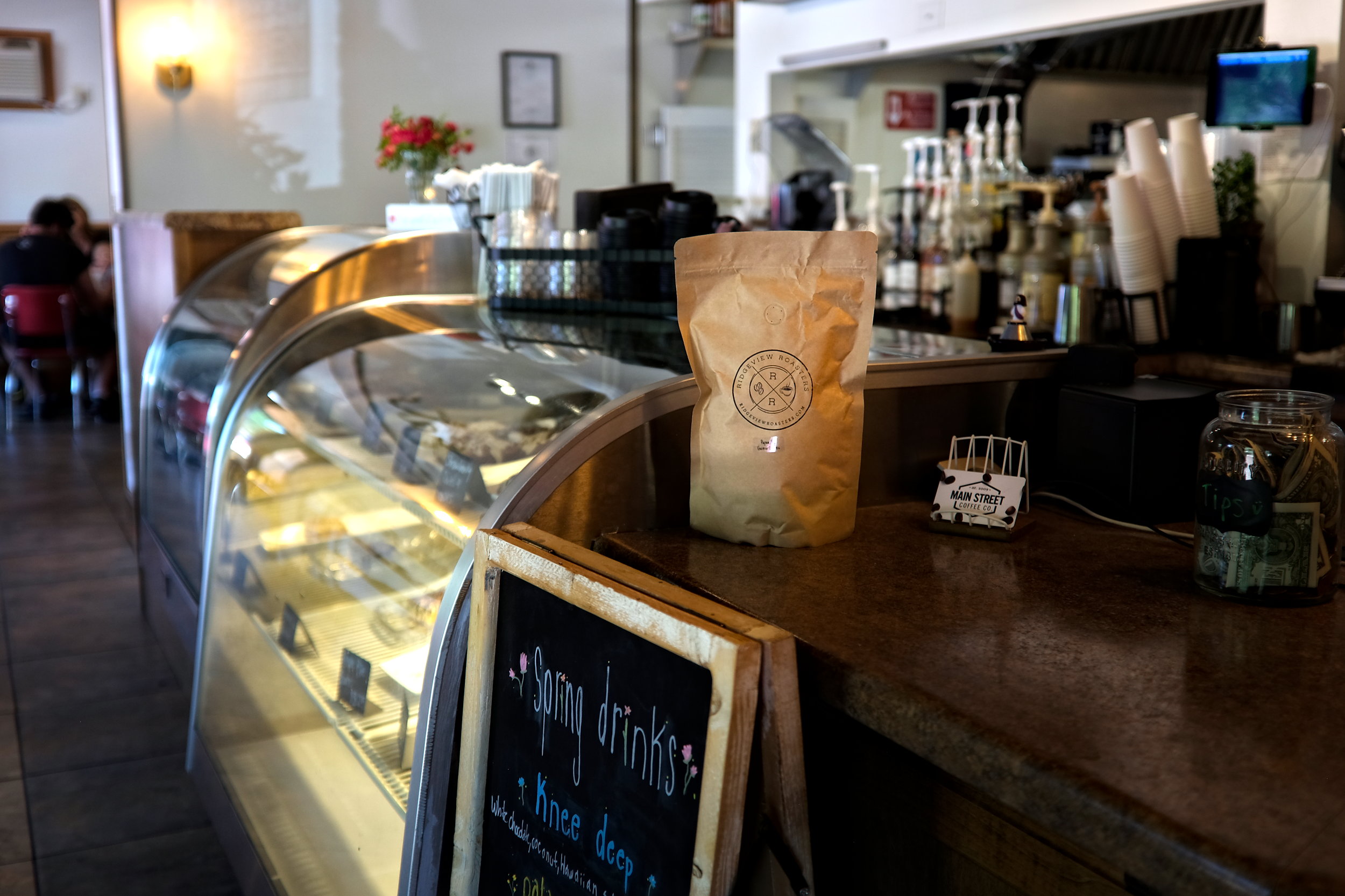 A bag of coffee beans on the counter at Main Street Coffee Company