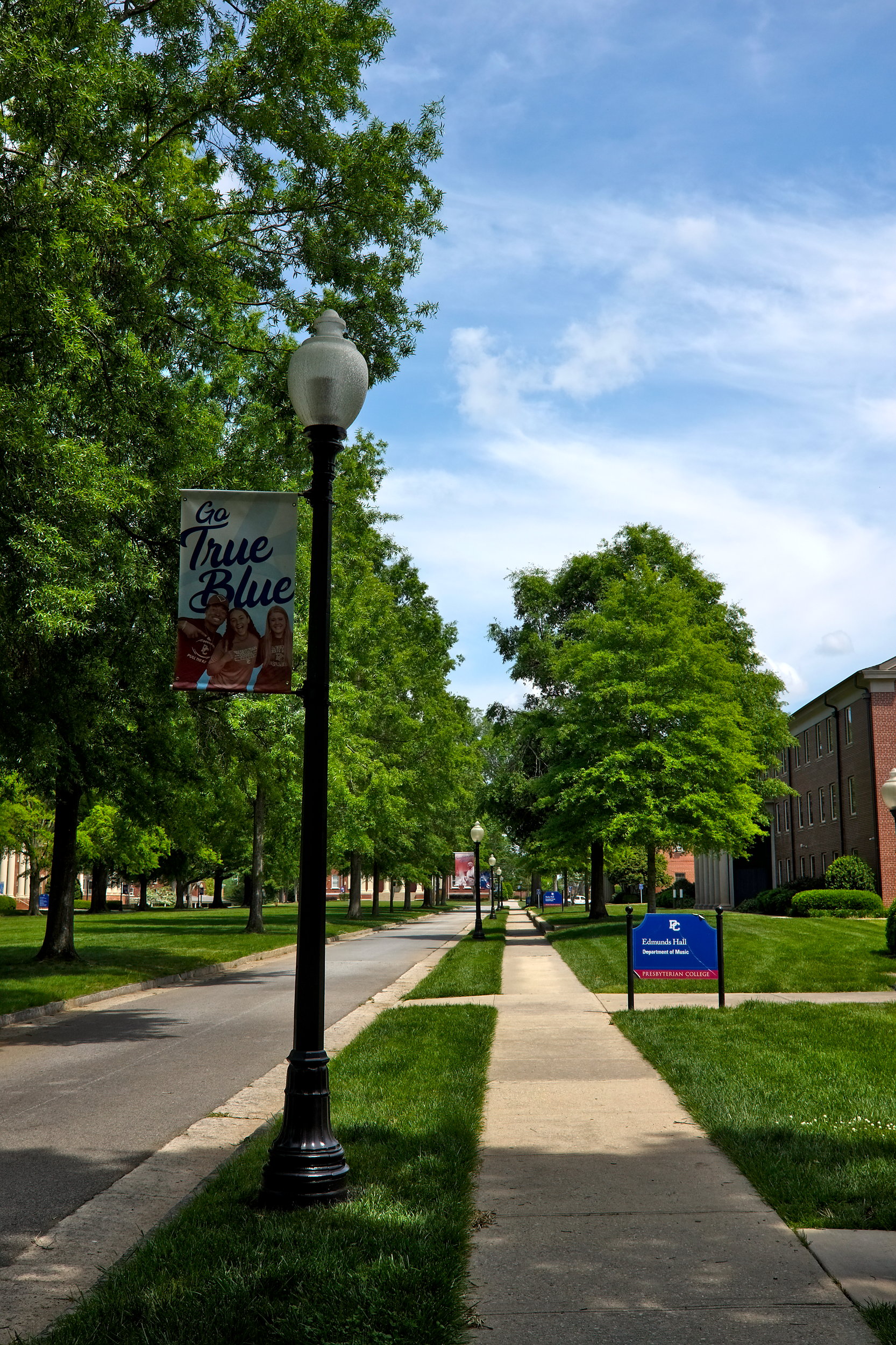 A view down the sidewalk on the mall at Presbyterian College