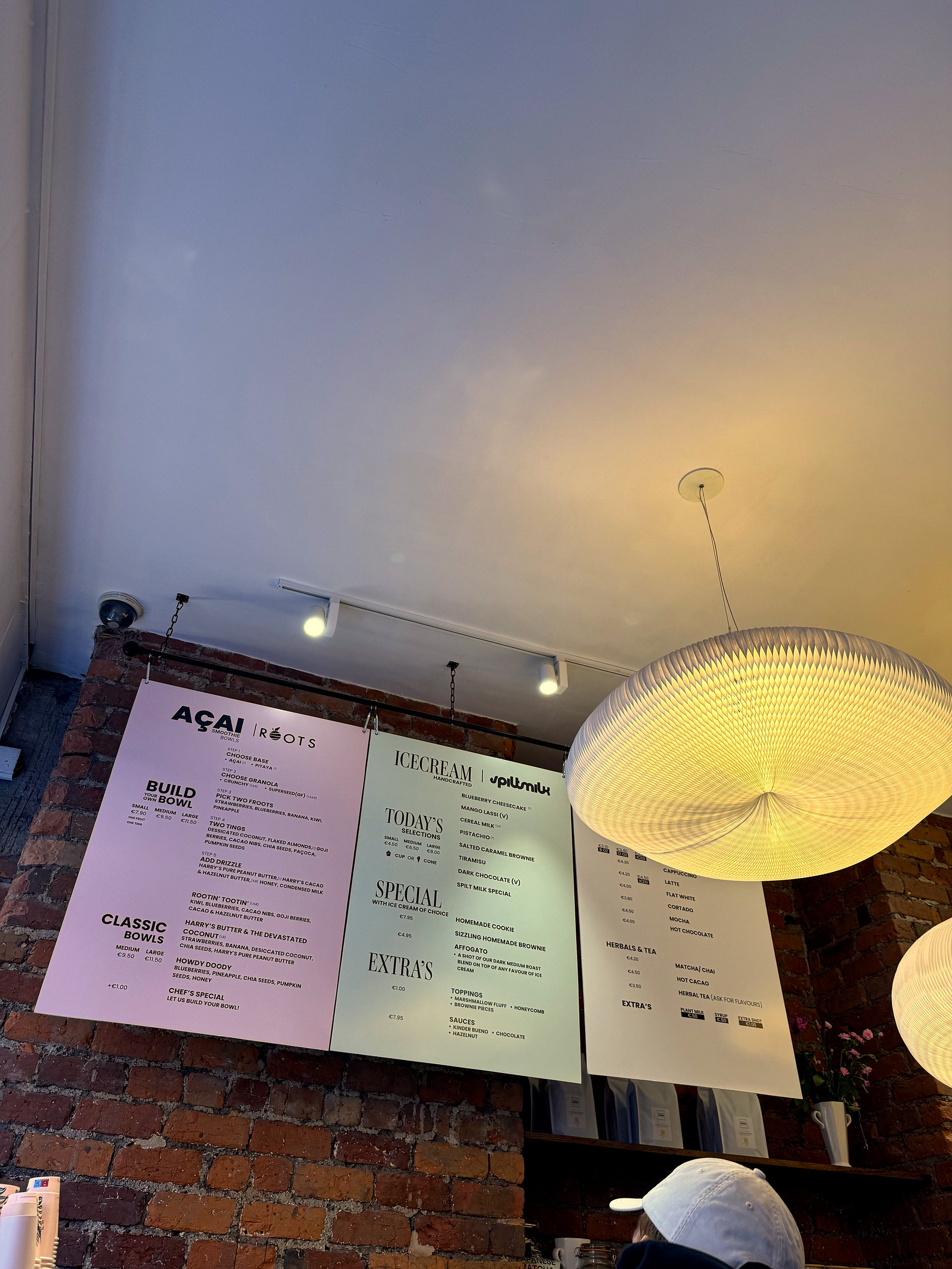 The menu near the ceiling at Spilt Milk Ice Cream in Dublin