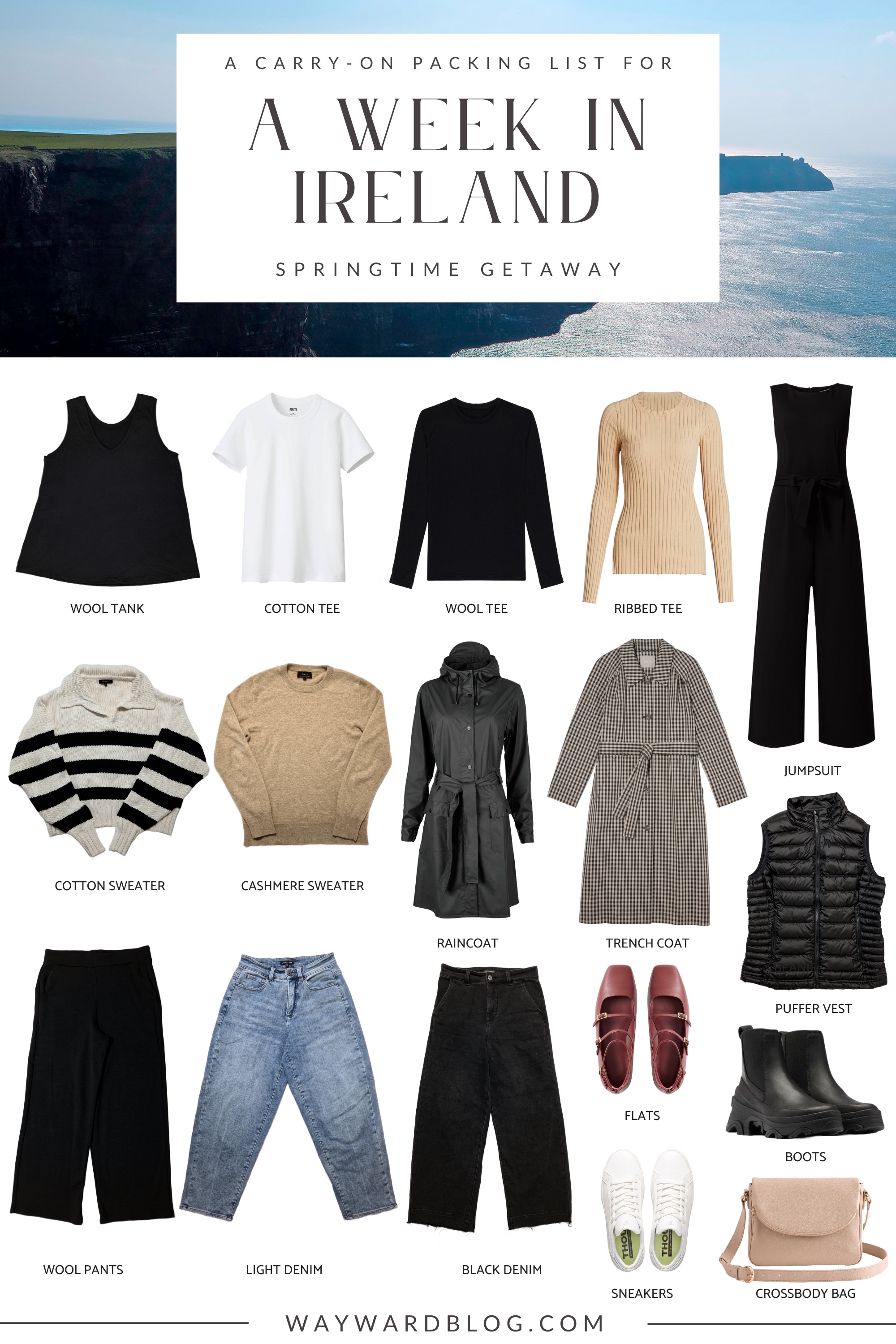 A visual packing list titled "A Carry-On Packing List for a Week in Ireland – Springtime Getaway" featuring 18 clothing and accessory items laid out in rows. Items include: a wool tank, cotton tee, wool tee, ribbed tee, jumpsuit, striped cotton sweater, tan cashmere sweater, raincoat, checked trench coat, black puffer vest, wool pants, light wash denim jeans, black denim jeans, burgundy flats, black chunky boots, white sneakers, and a beige crossbody bag. Background image shows coastal cliffs and ocean under a clear sky. Website listed at the bottom: waywardblog.com