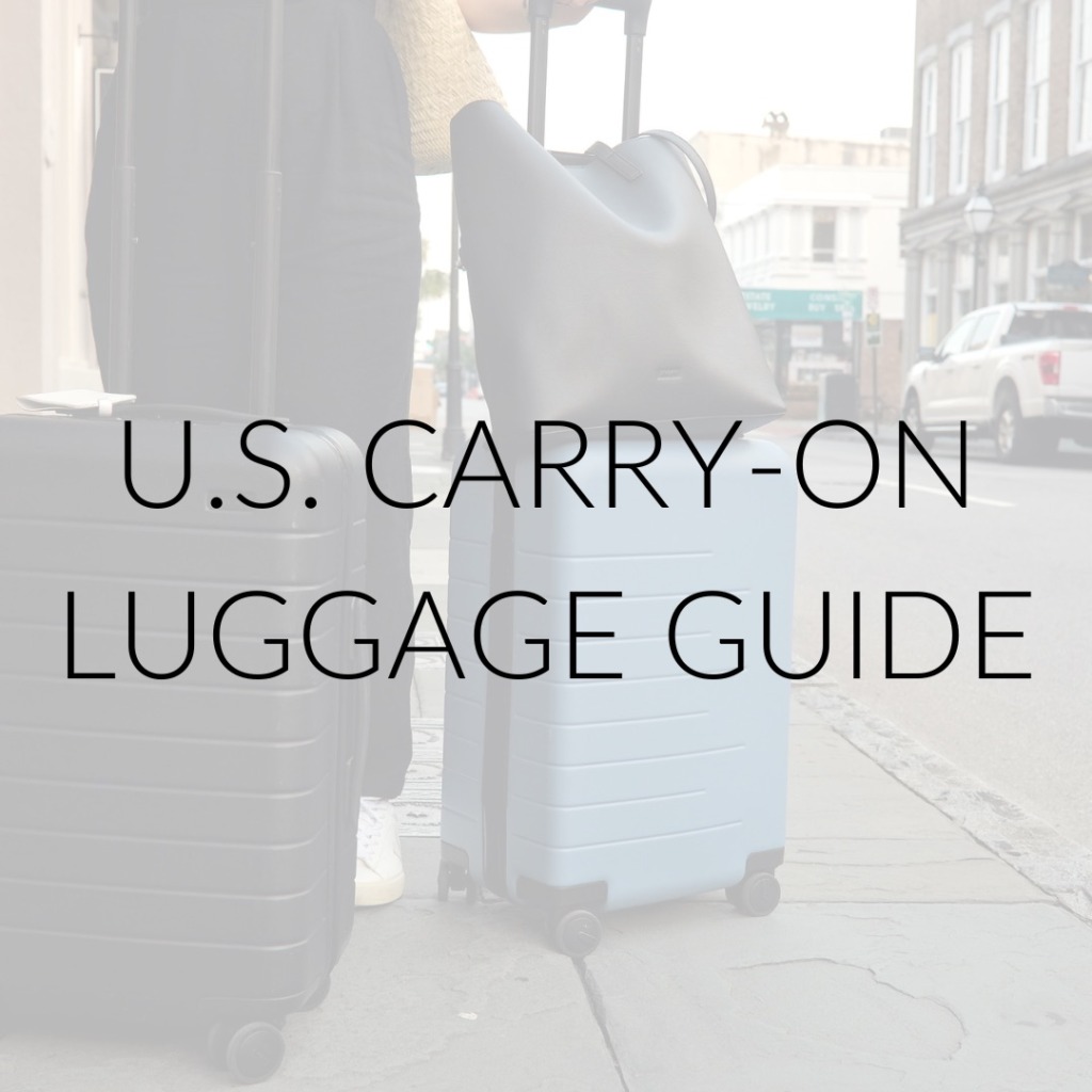 Alyssa with two carry-on suitcases and text overlay reads: US Carry-On Luggage Guide