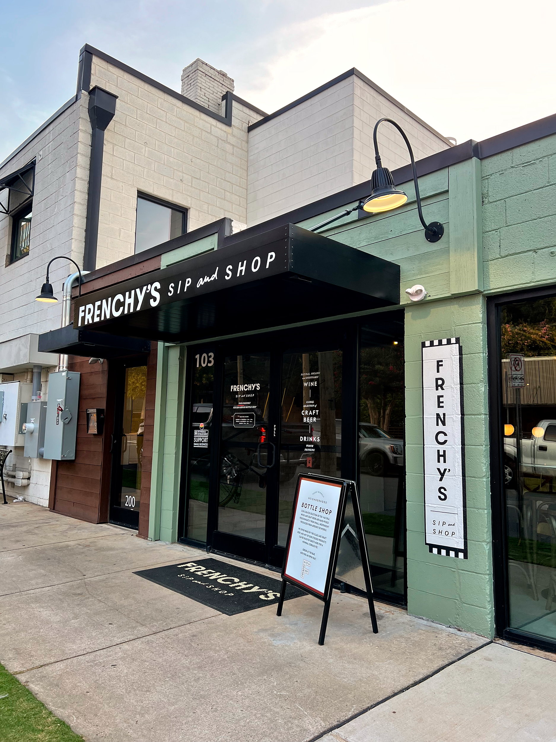 The exterior of Frenchy's Sip and Shop in South End Charlotte